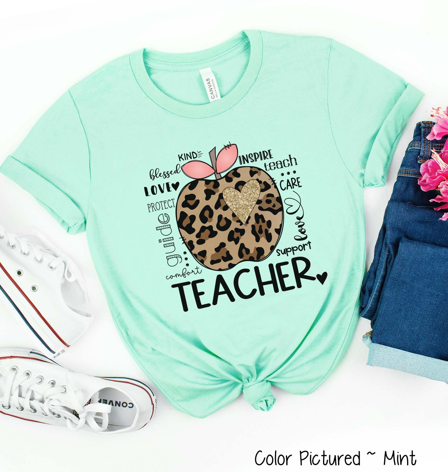 Leopard Apple Teacher Typography Tee
