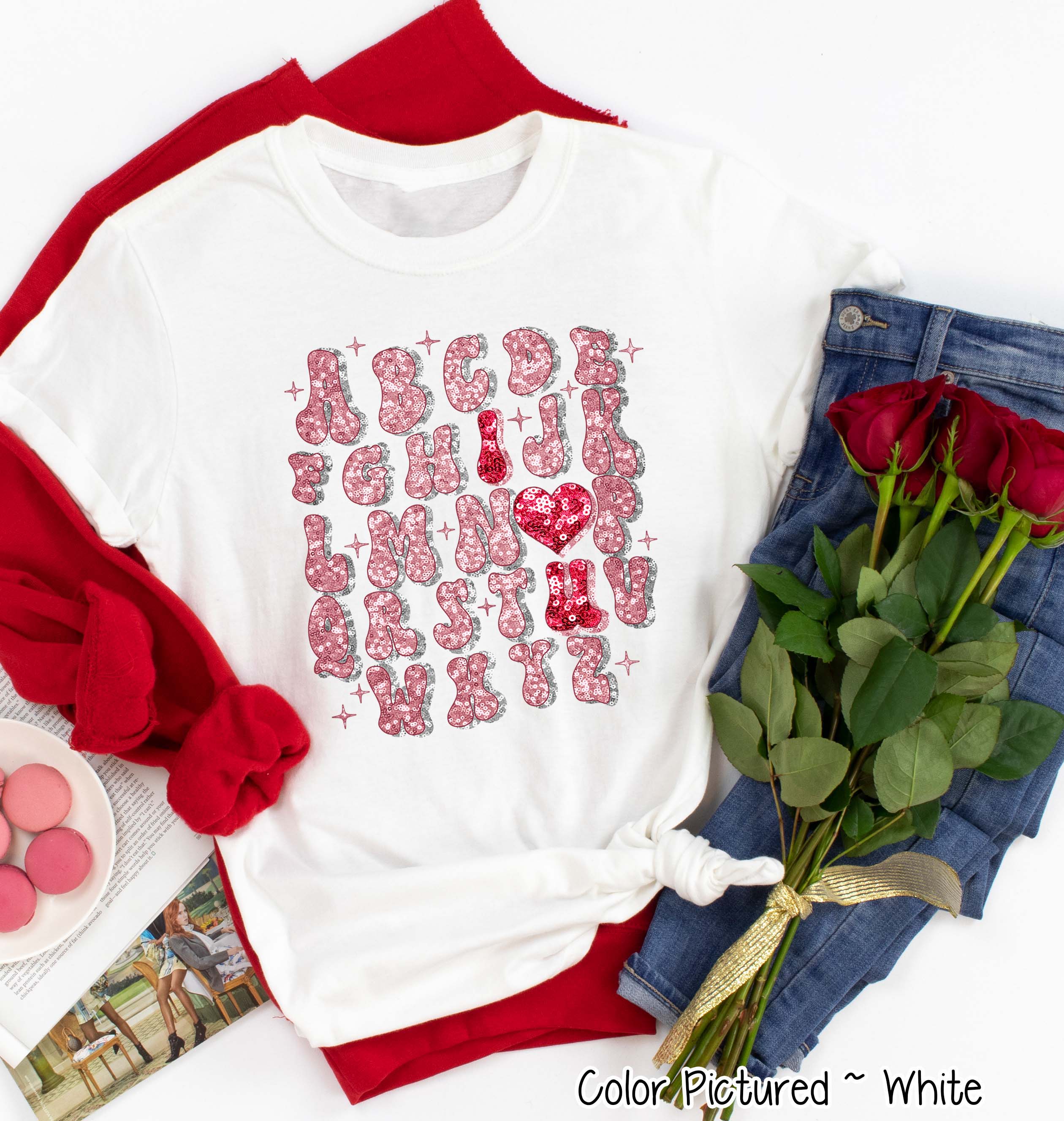 Faux Glitter I Love You Alphabet Valentine Tee or Sweatshirt