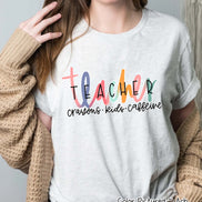 Teacher Colorful Crayons Kids and Caffeine Tee