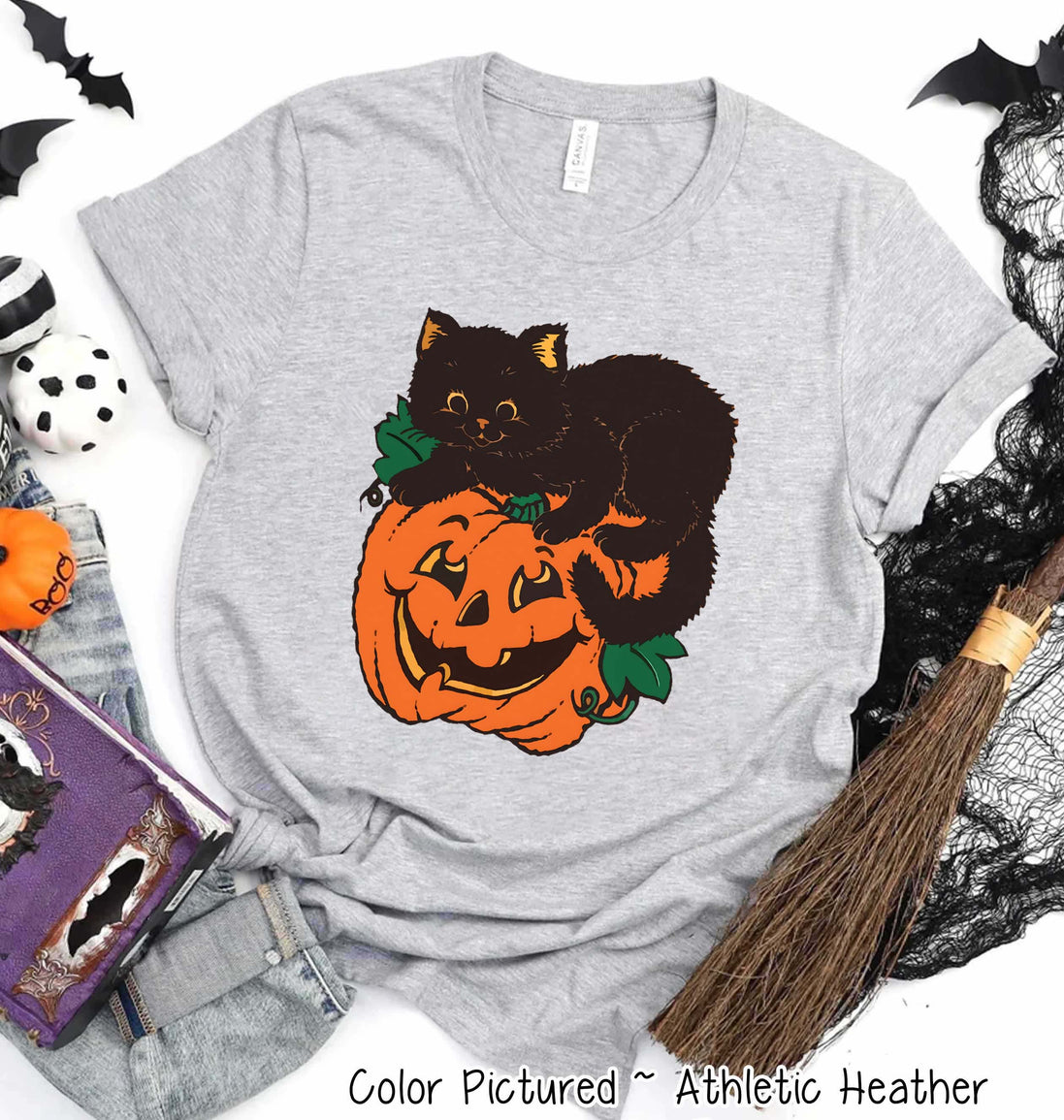 Retro Black Cat Pumpkin Halloween Tee