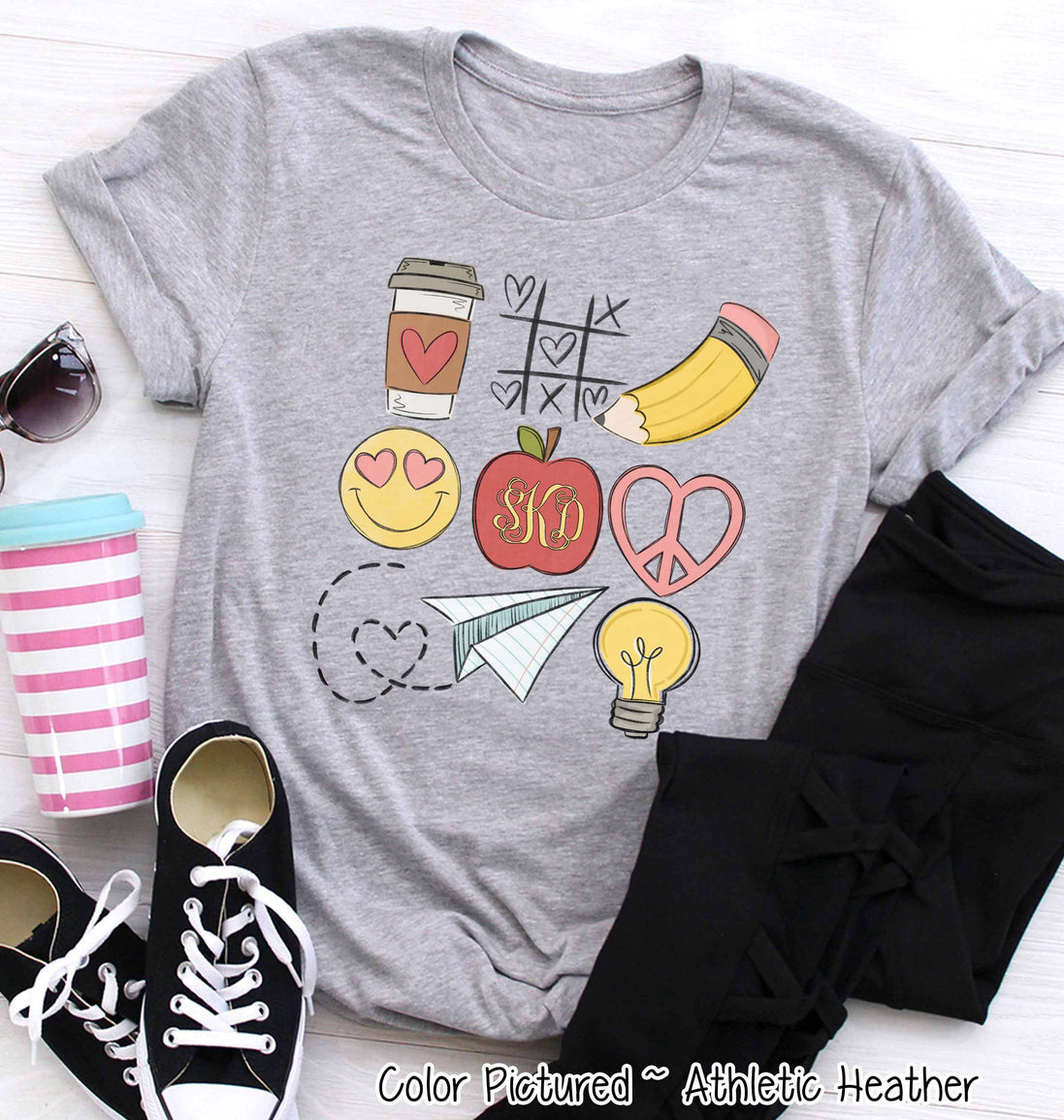 Monogram Back to School Tic Tac Toe Teacher Icon Tee