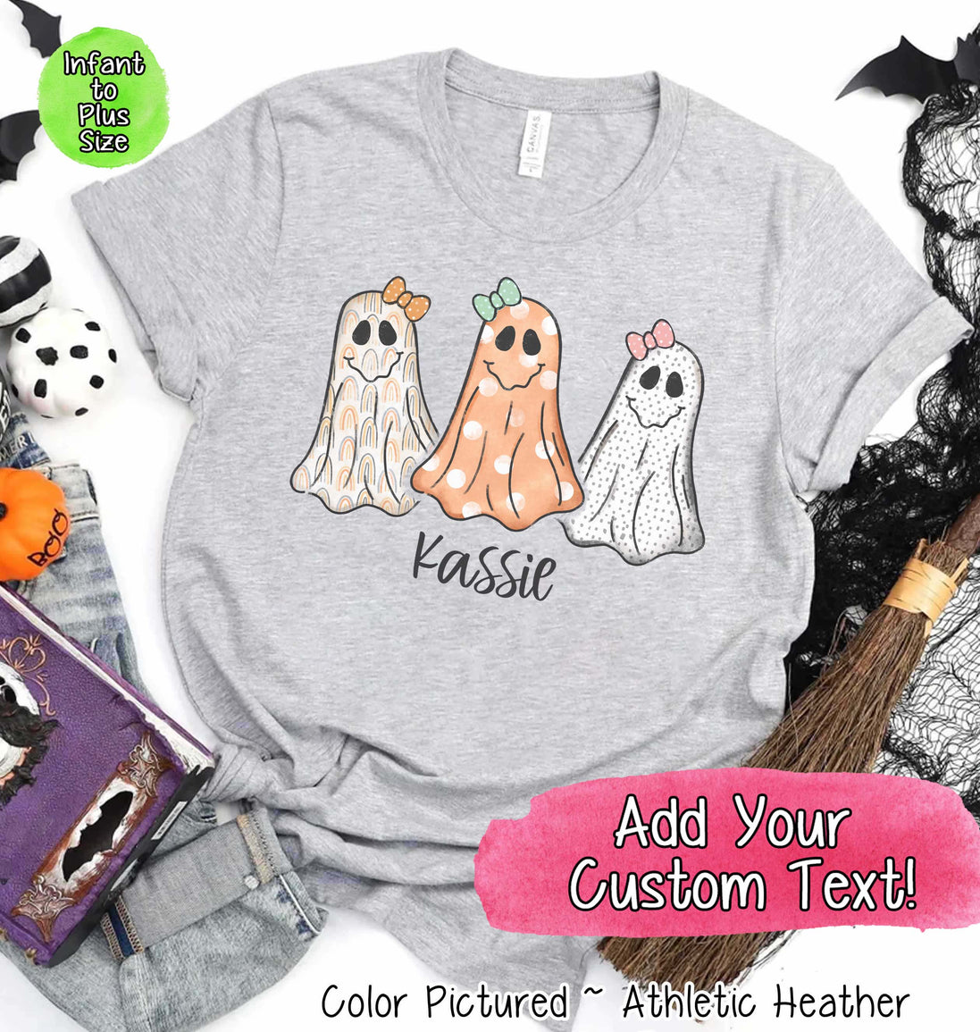 Personalized Bow Ghost Trio with Custom Name Halloween Tee