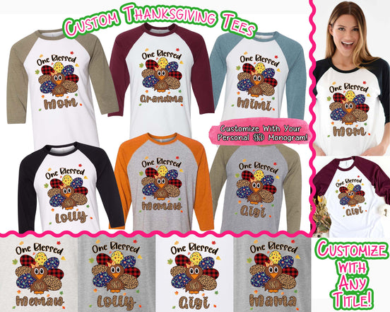 Personalized Blessed Turkey Monogram Fall Thanksgiving Raglan Tee