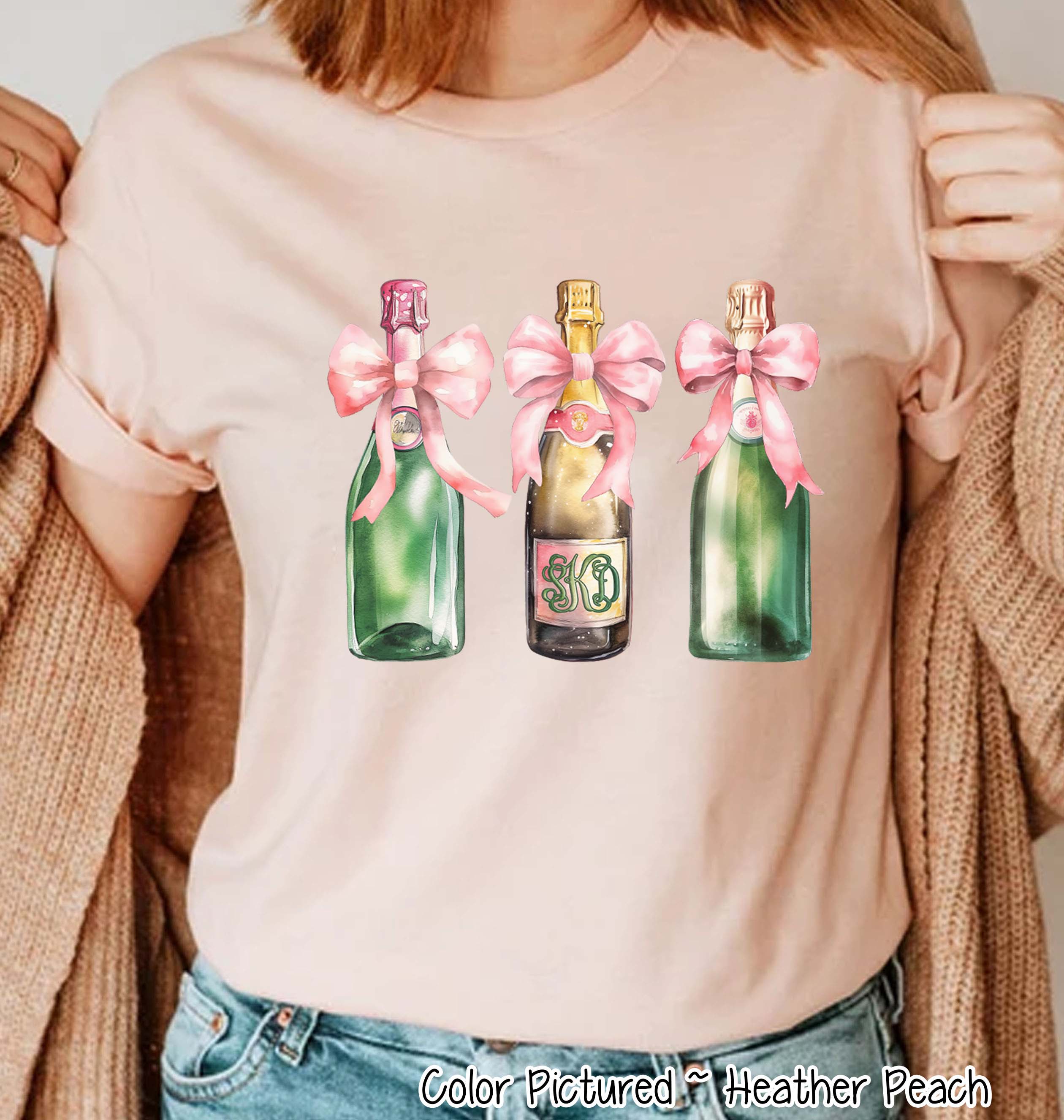 Monogram Coquette Pink Bow Champagne Trio Girly Tee and Sweatshirt