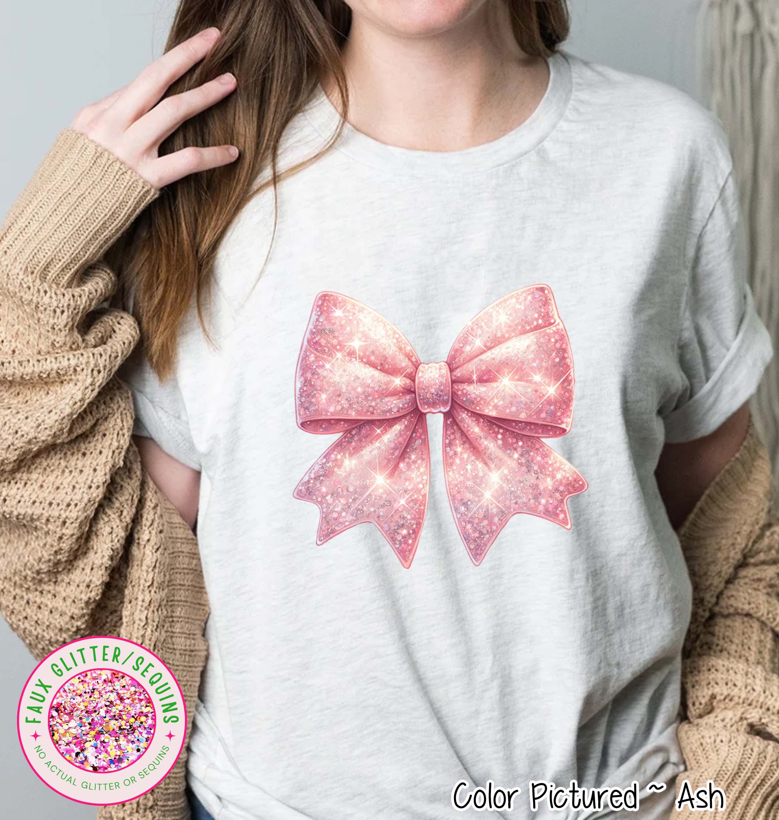 Faux Glitter Coquette Pink Bow Girly Tee and Sweatshirt