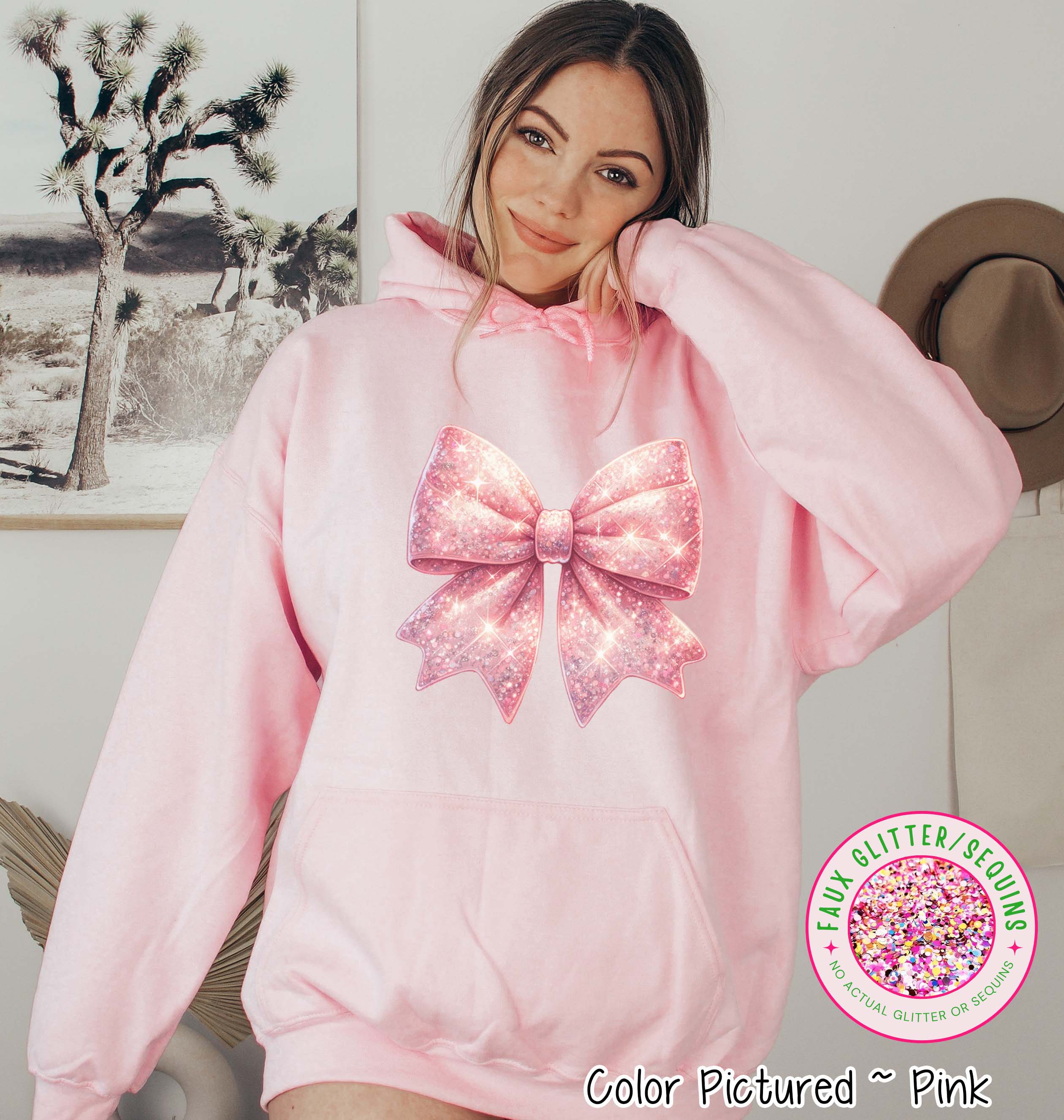 Faux Glitter Coquette Pink Bow Girly Tee and Sweatshirt