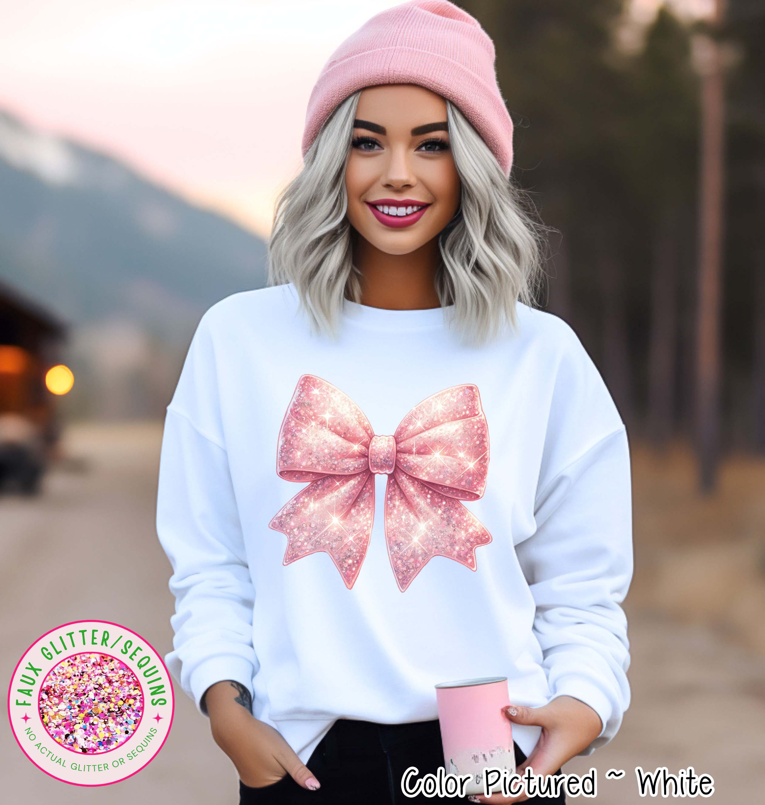 Faux Glitter Coquette Pink Bow Girly Tee and Sweatshirt