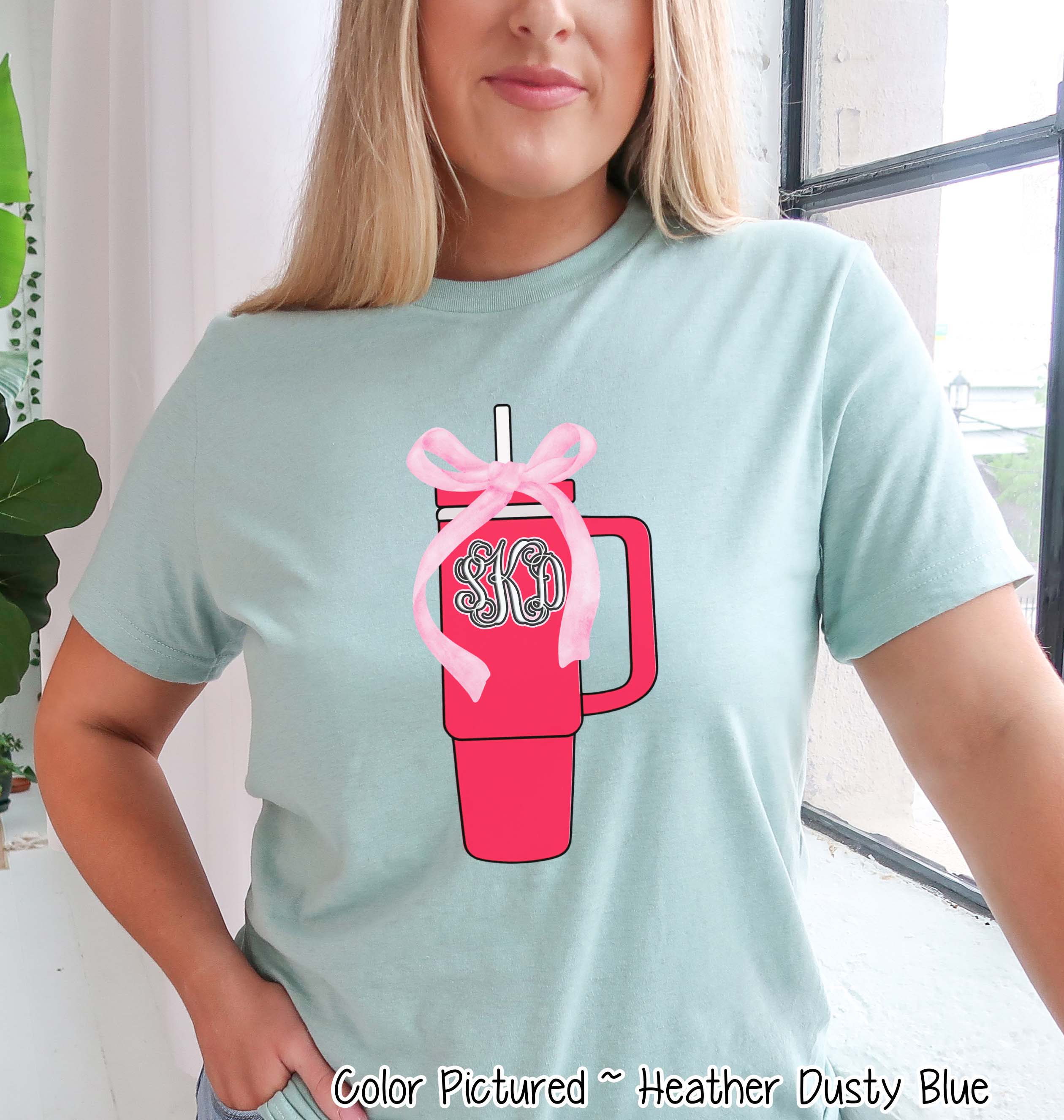 Monogram Coquette Pink Bow Stanley Style Cup Girly Tee and Sweatshirt