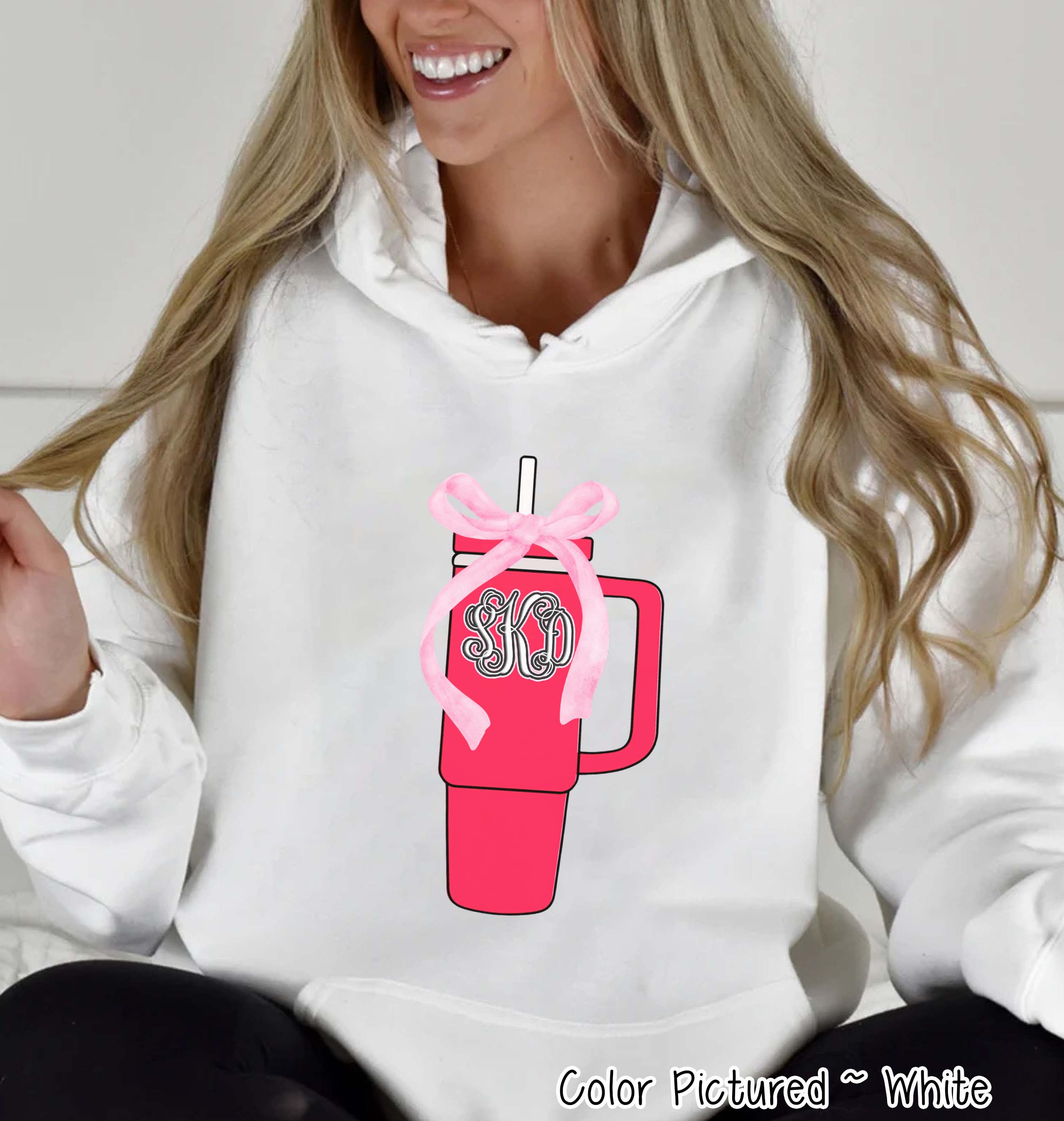 Monogram Coquette Pink Bow Stanley Style Cup Girly Tee and Sweatshirt