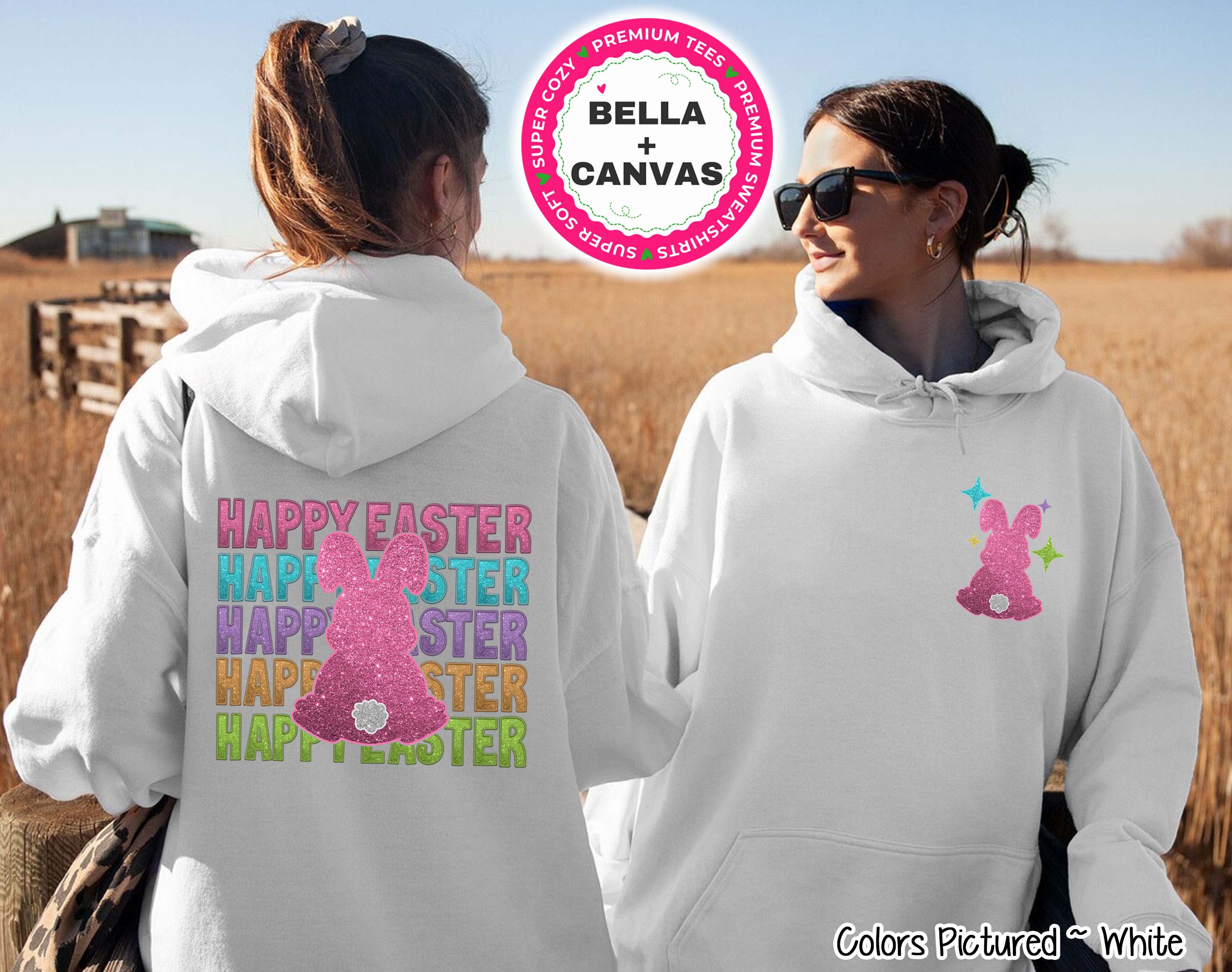 Faux Glitter Bunny Happy Easter Tee and Sweatshirt 2 Sided Print
