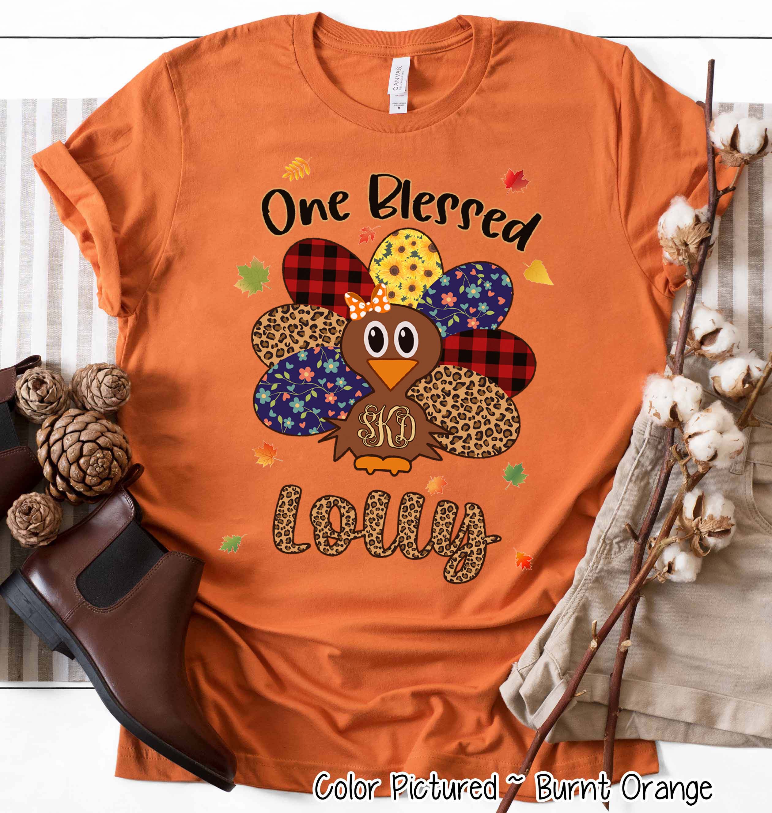 Personalized Blessed Turkey Monogram Fall Thanksgiving Tee