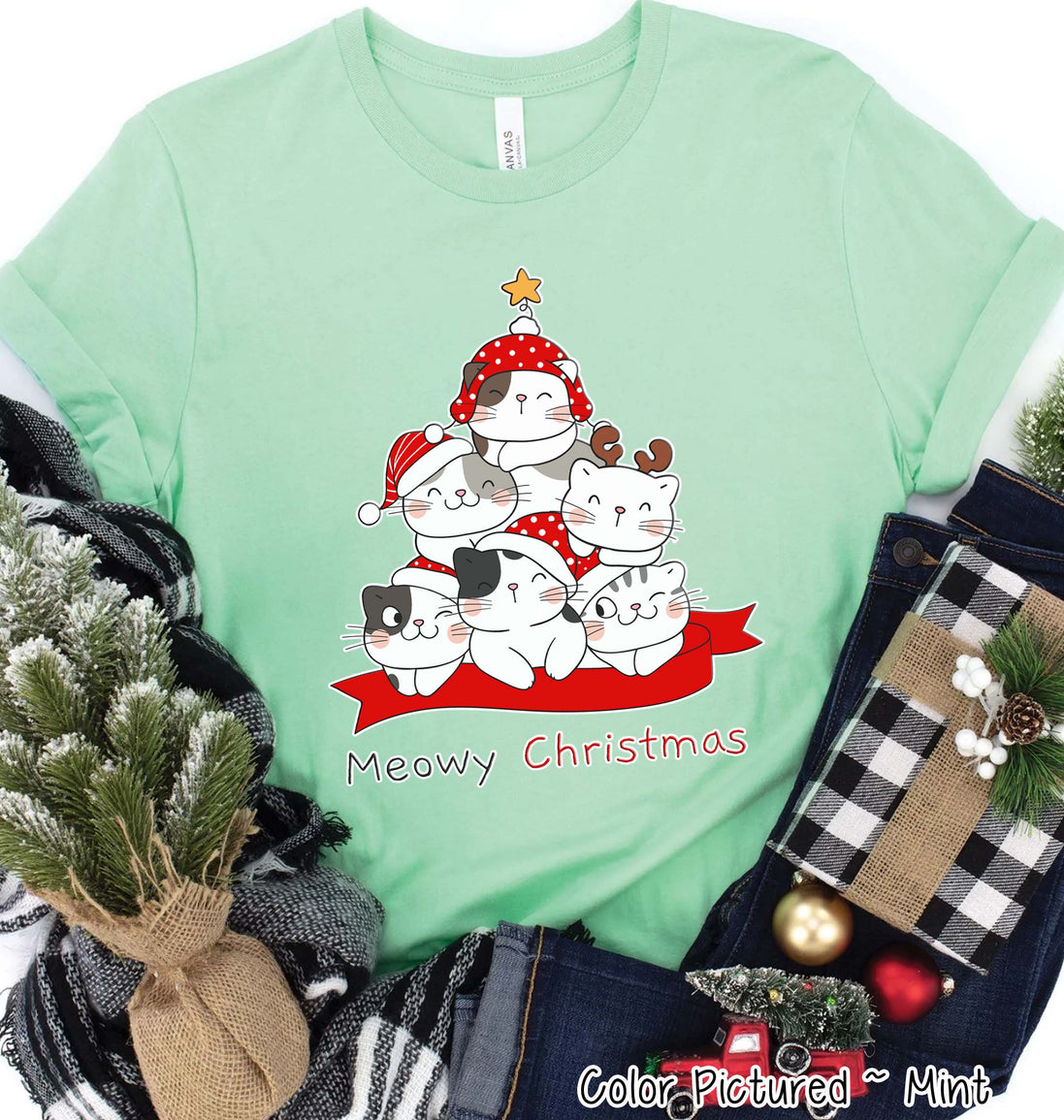 Meowy Christmas Cute Cat Christmas Tree Tee or Sweatshirt