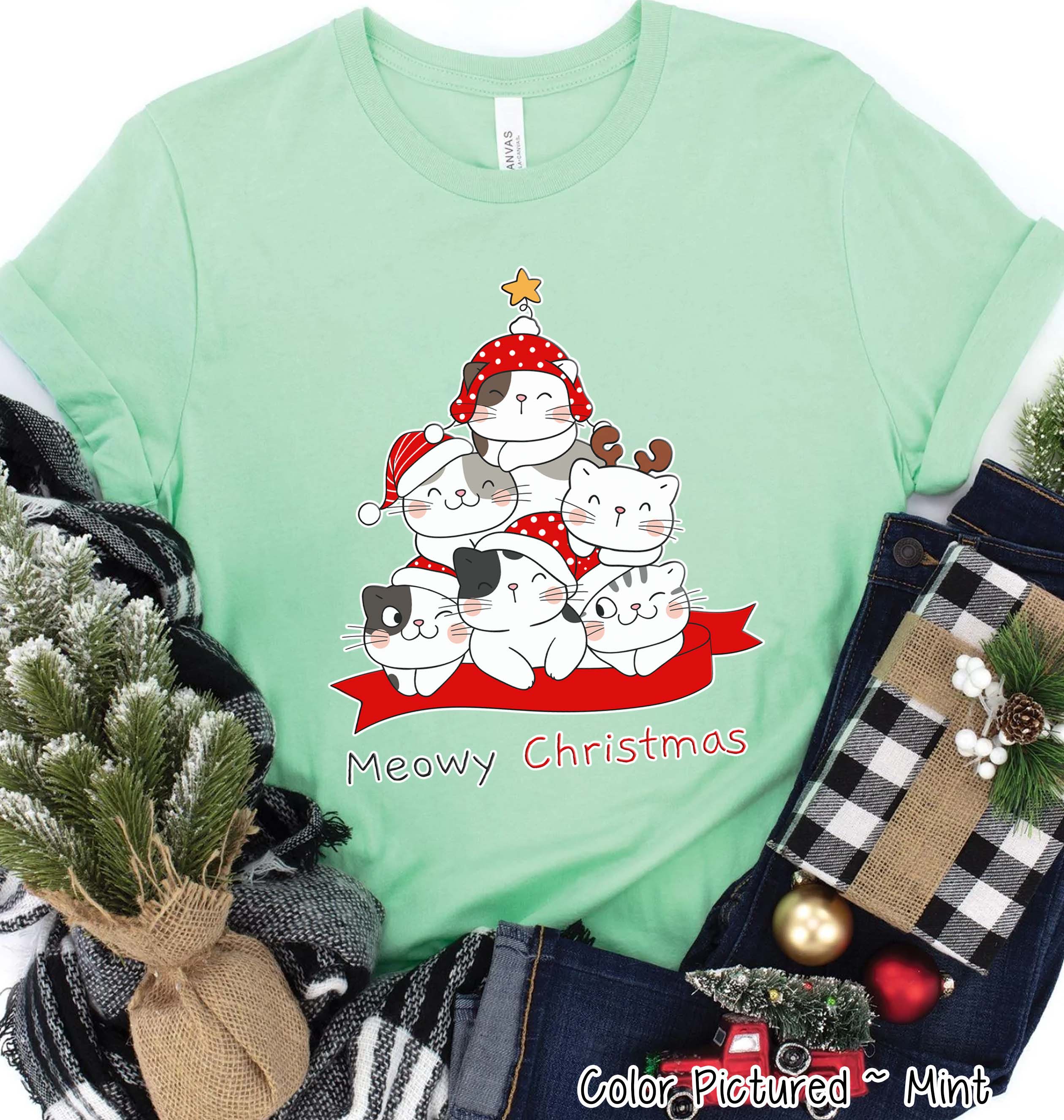 Meowy Christmas Cute Cat Christmas Tree Tee or Sweatshirt