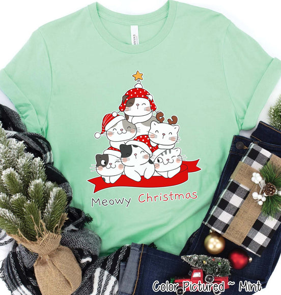 Meowy Christmas Cute Cat Christmas Tree Tee or Sweatshirt
