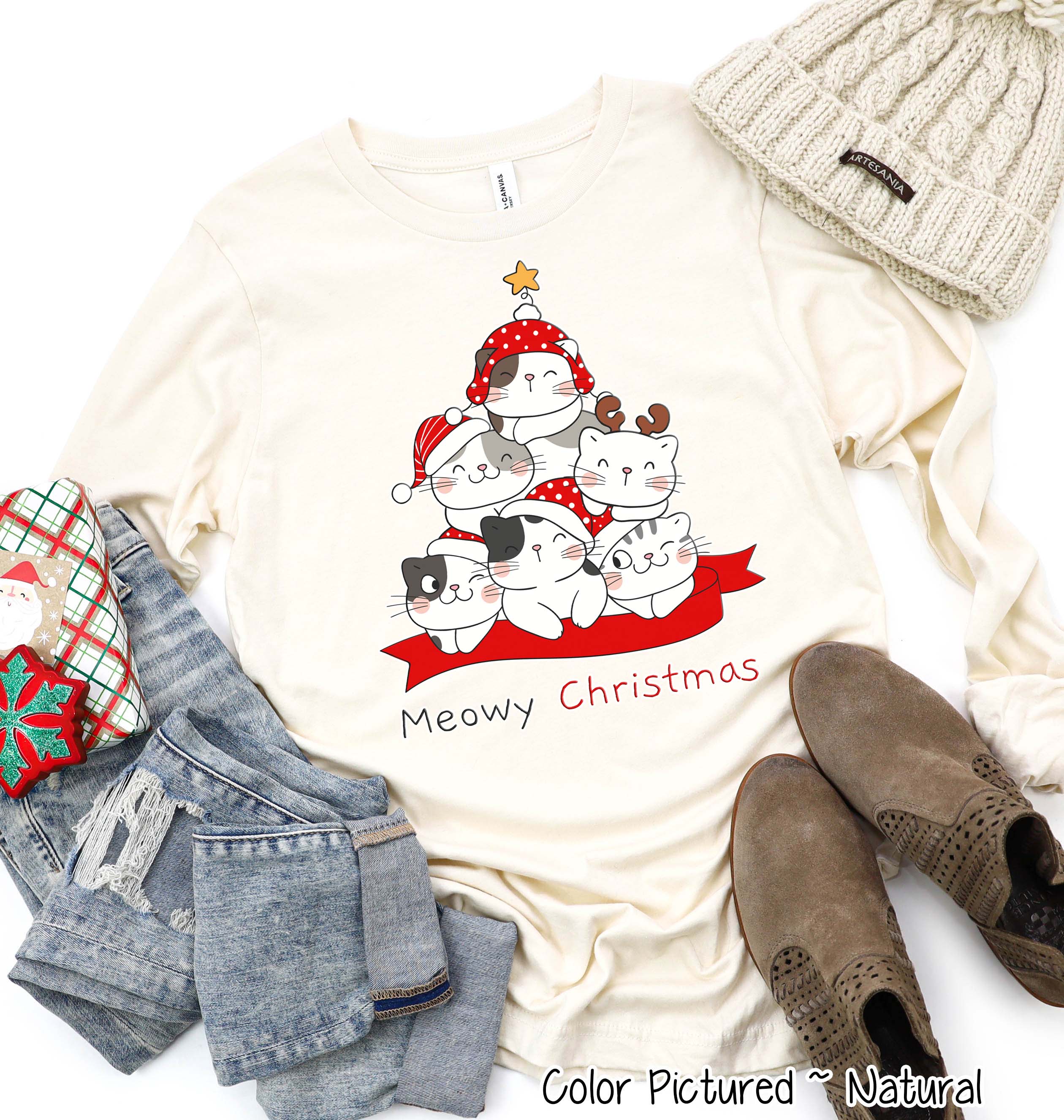Meowy Christmas Cute Cat Christmas Tree Tee or Sweatshirt