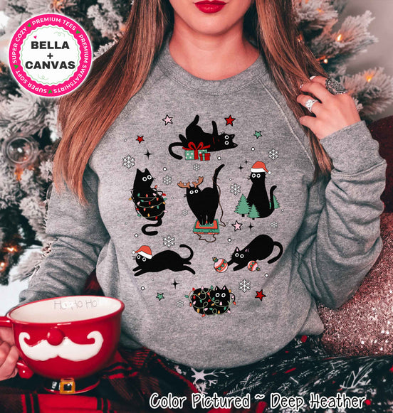Mischievous Black Cat Christmas Tee or Sweatshirt