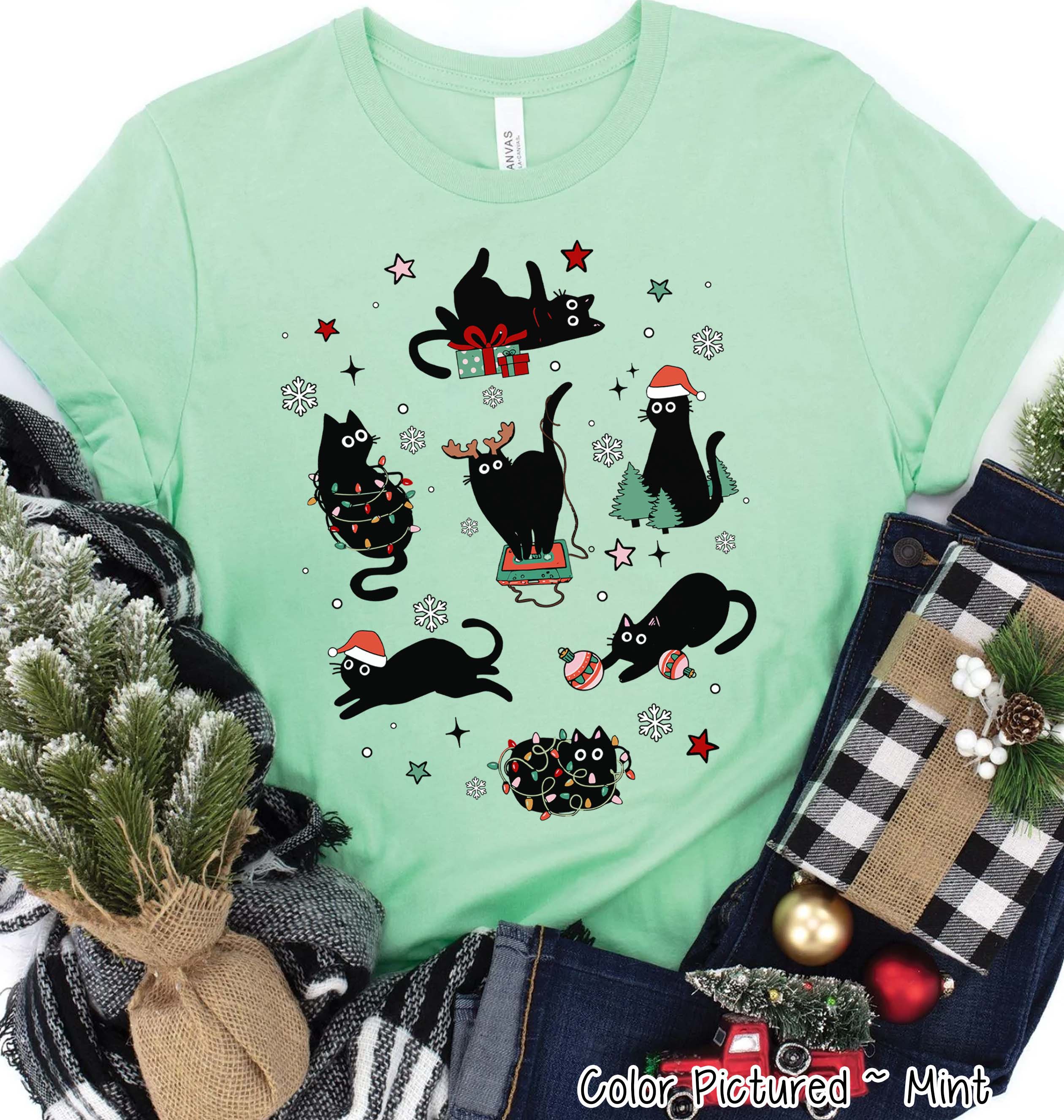 Mischievous Black Cat Christmas Tee or Sweatshirt