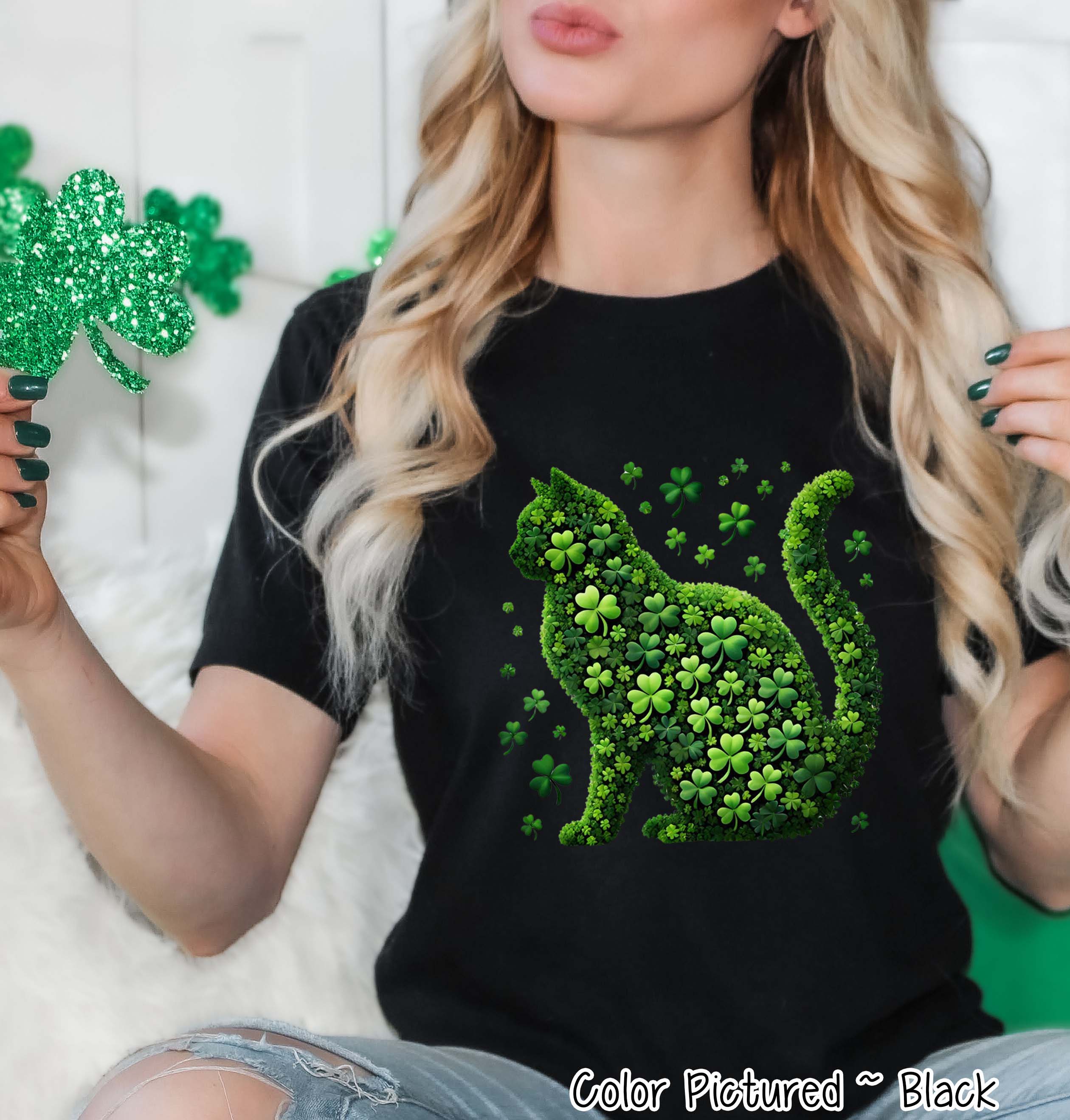 Lucky Shamrock Cat St Patricks Day Tee or Sweatshirt