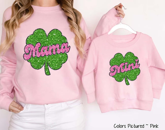 Faux Glitter Mama and Mini Matching Shamrock  St Patricks Tee or Sweatshirt