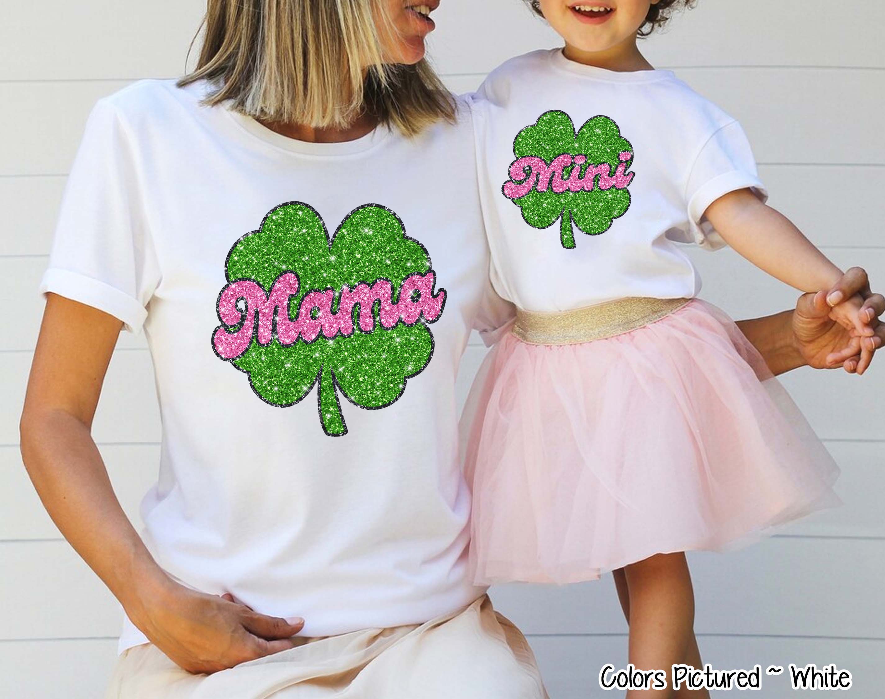 Faux Glitter Mama and Mini Matching Shamrock  St Patricks Tee or Sweatshirt