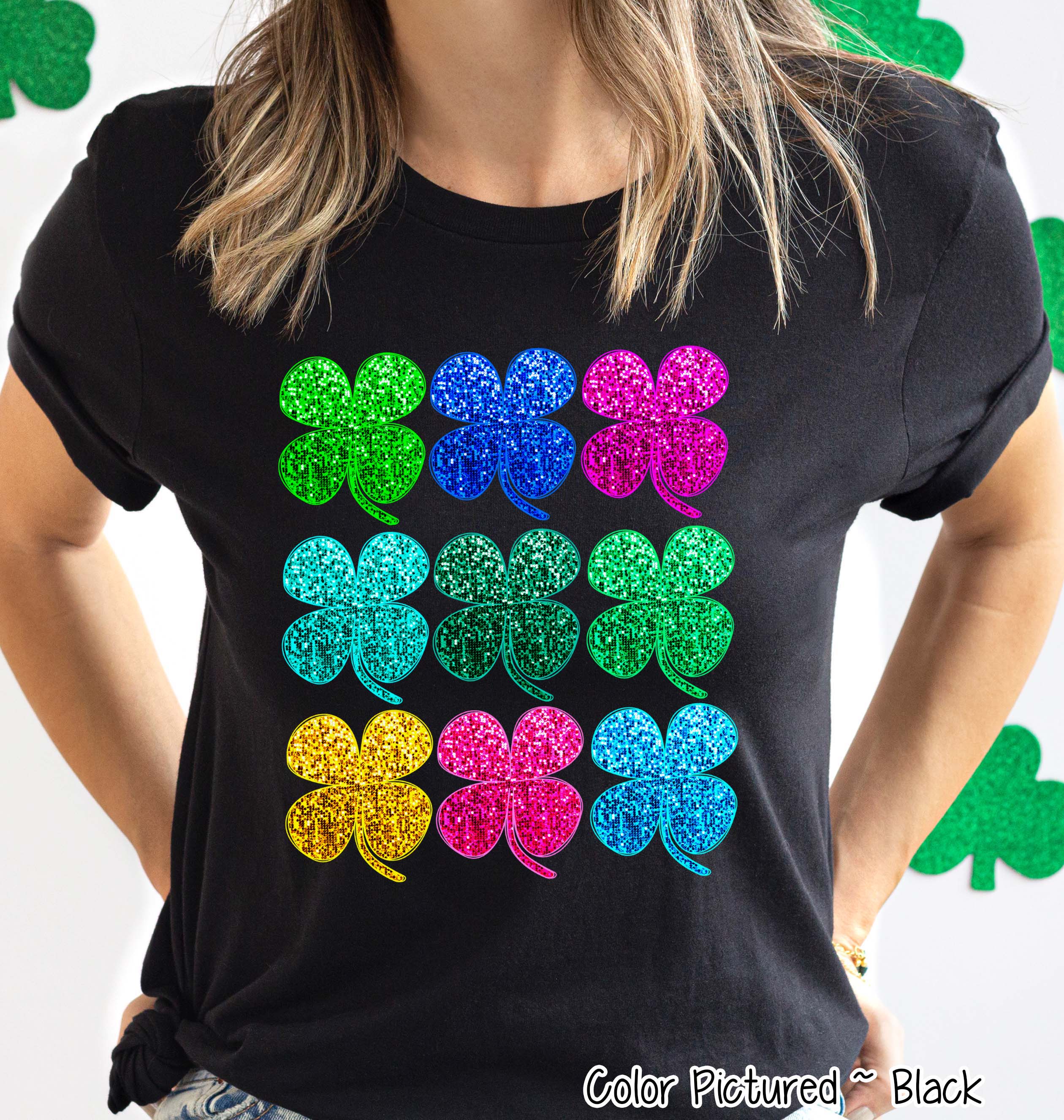 Faux Sequin Clovers St Patricks Day Tee or Sweatshirt