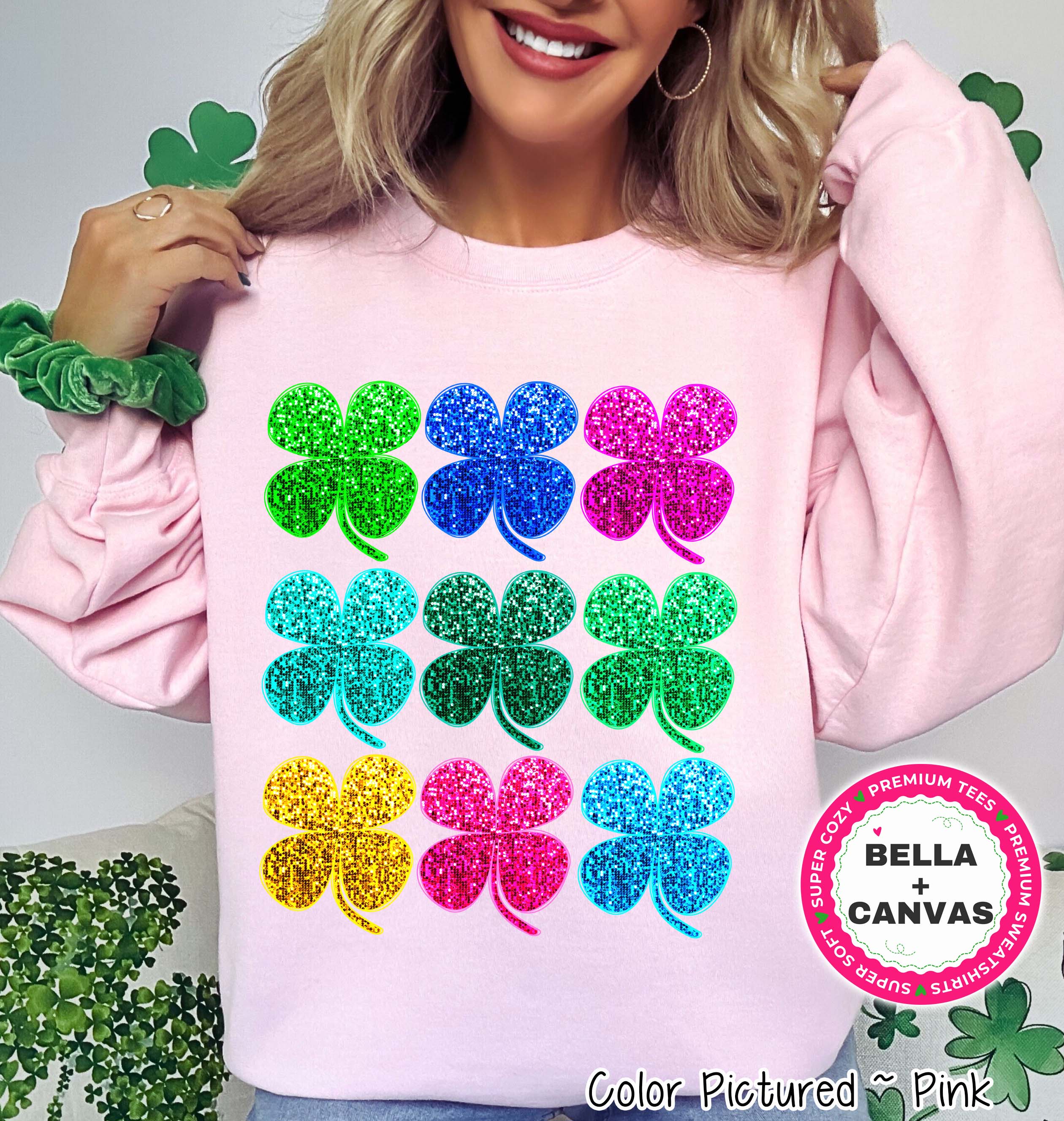 Faux Sequin Clovers St Patricks Day Tee or Sweatshirt