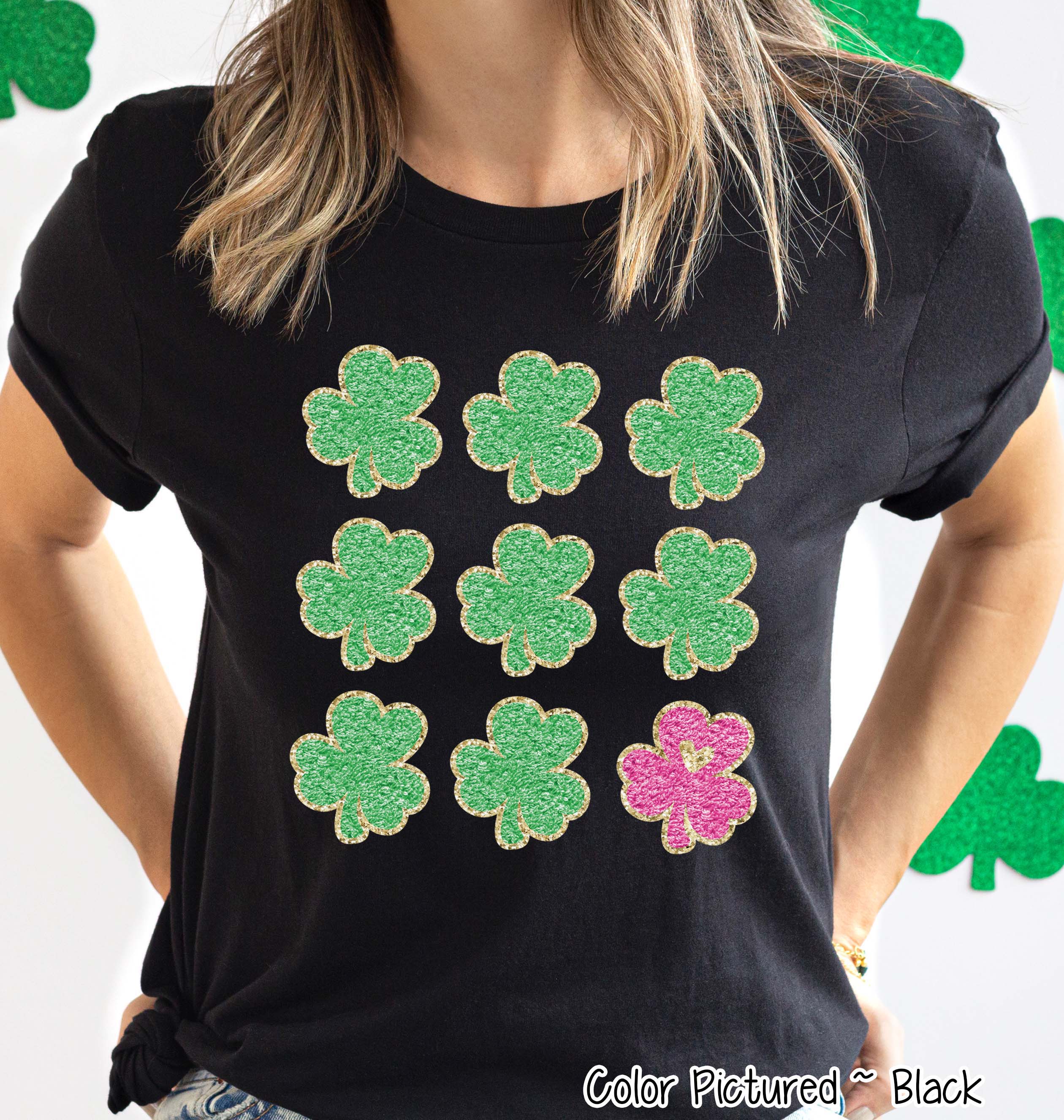 Faux Chenille Patch Clovers St Patricks Day Tee or Sweatshirt