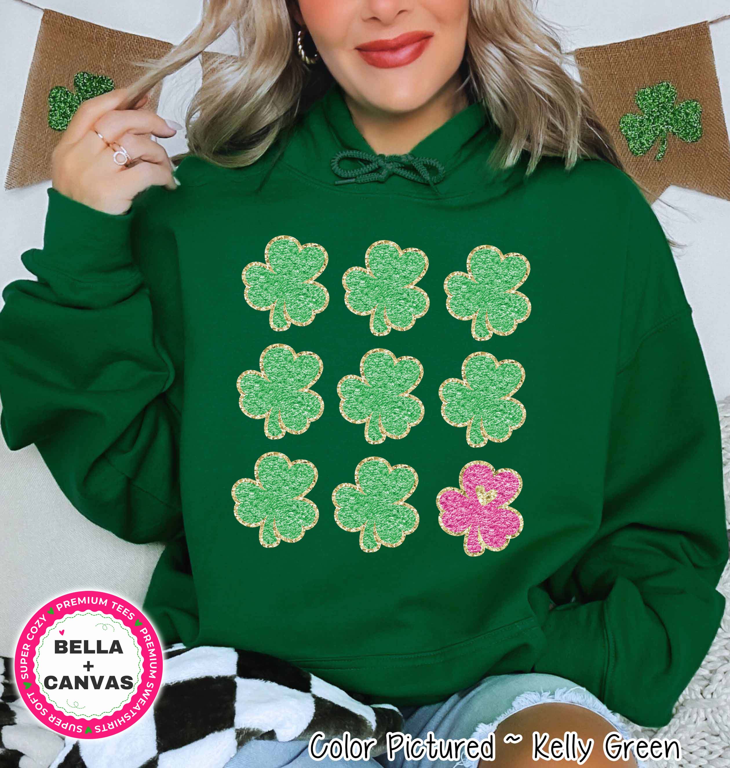 Faux Chenille Patch Clovers St Patricks Day Tee or Sweatshirt