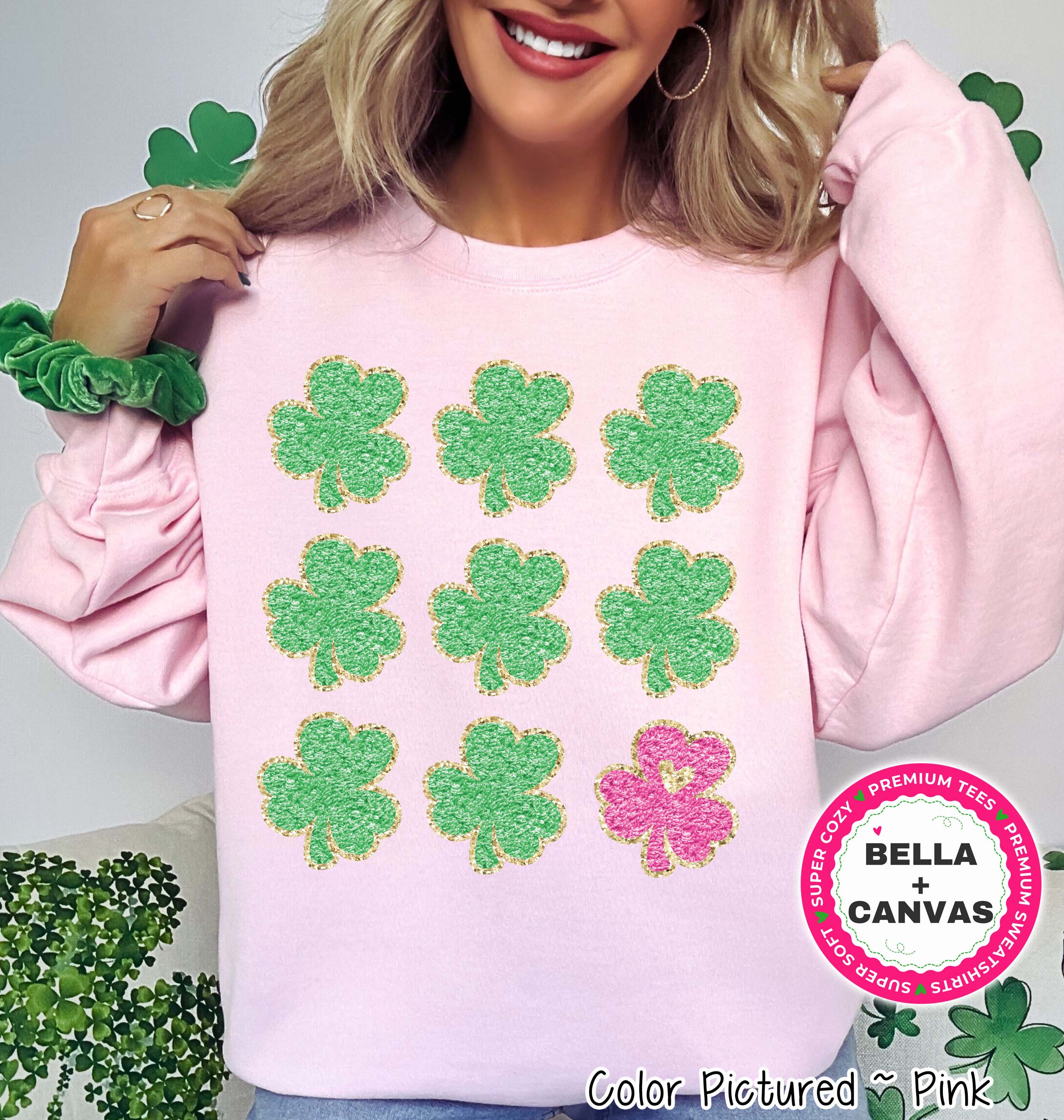 Faux Chenille Patch Clovers St Patricks Day Tee or Sweatshirt
