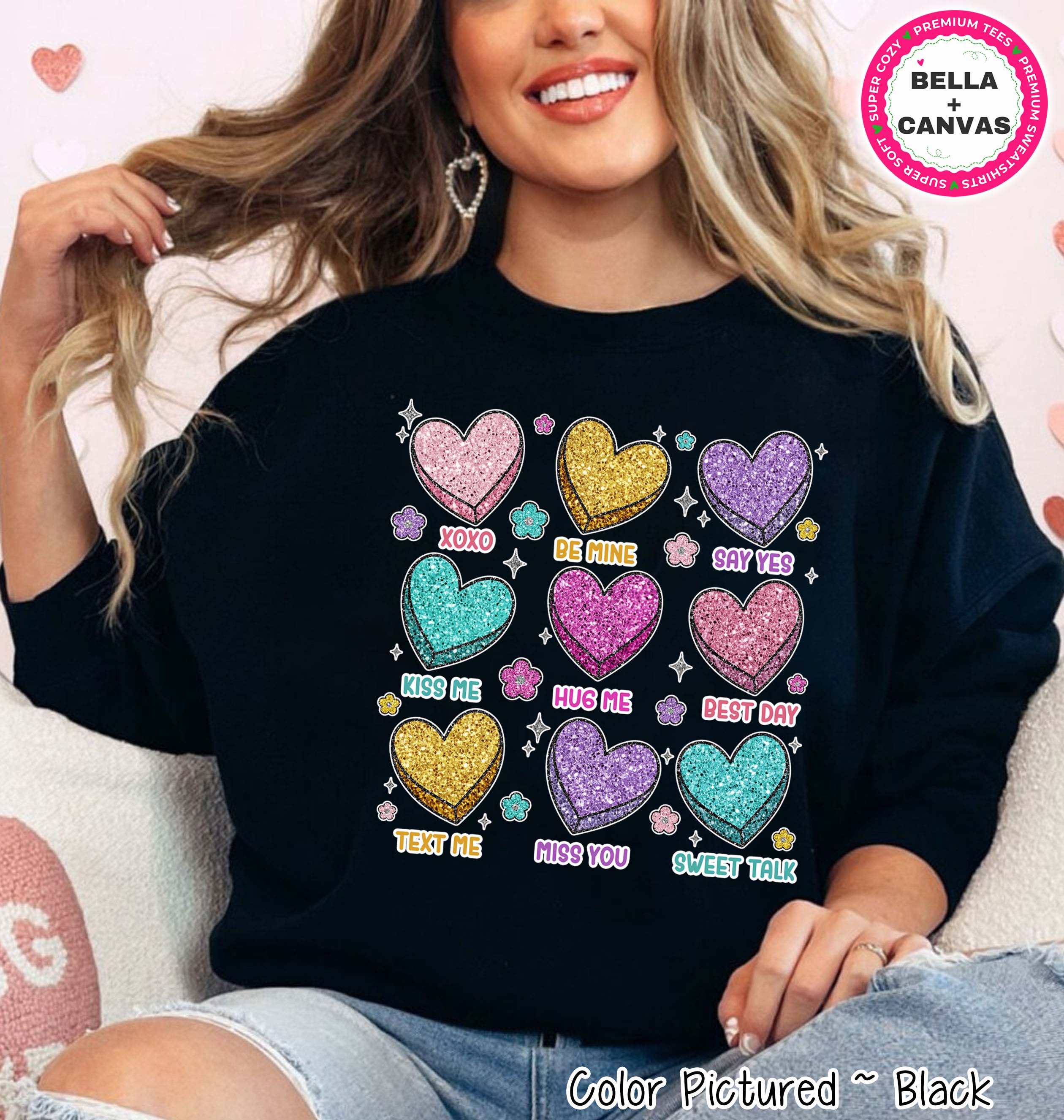 Faux Glitter Conversation Hearts Valentine Tee or Sweatshirt