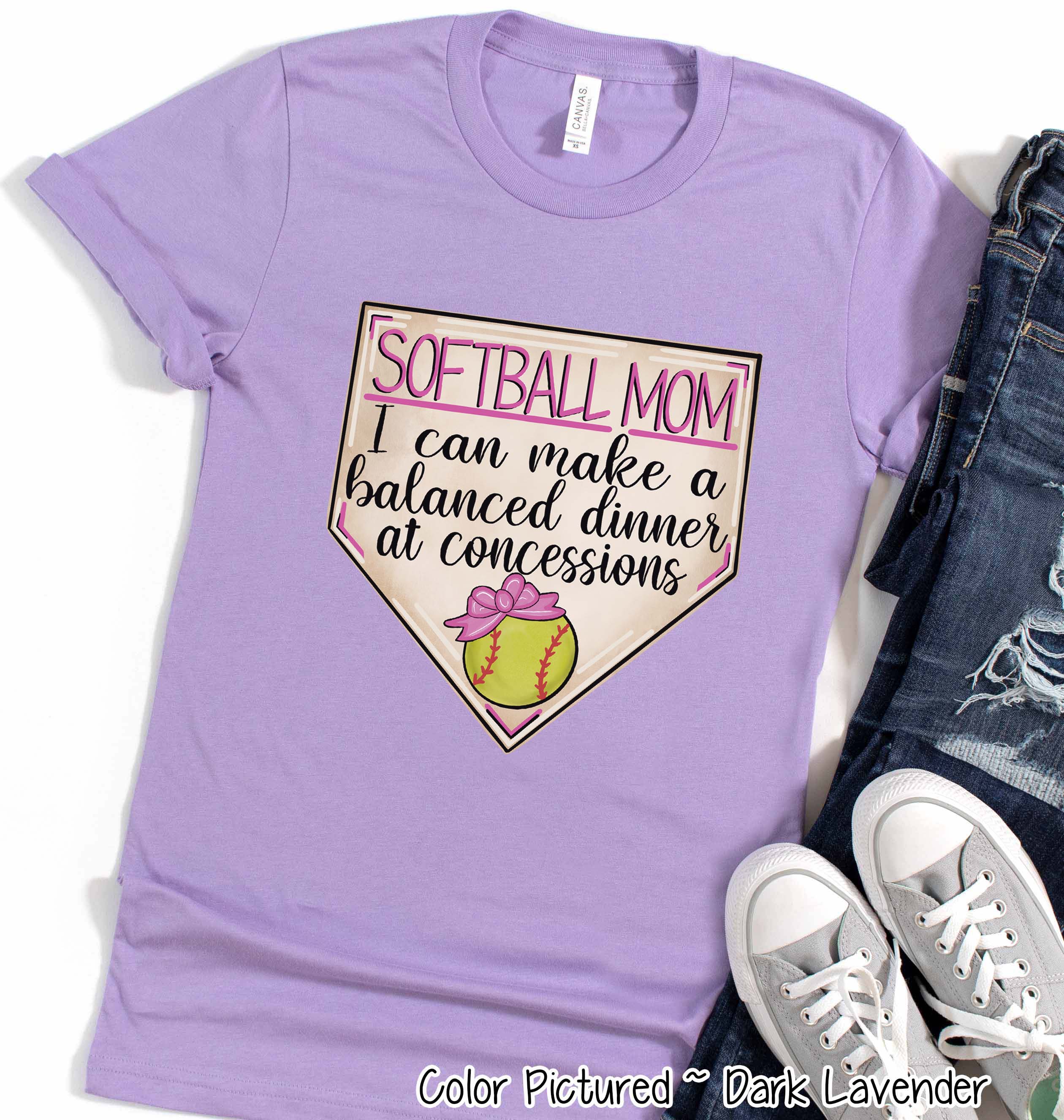 Softball Pink Mom I Can Make a Balanced Dinner at Concessions Tee