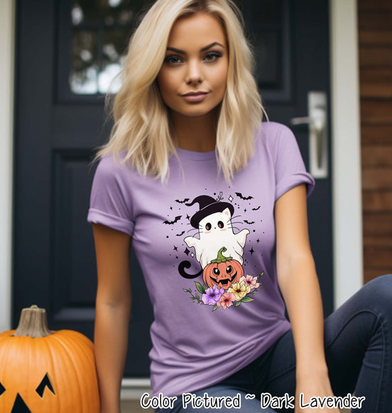 Cute Cat Floral Ghost Halloween Tee