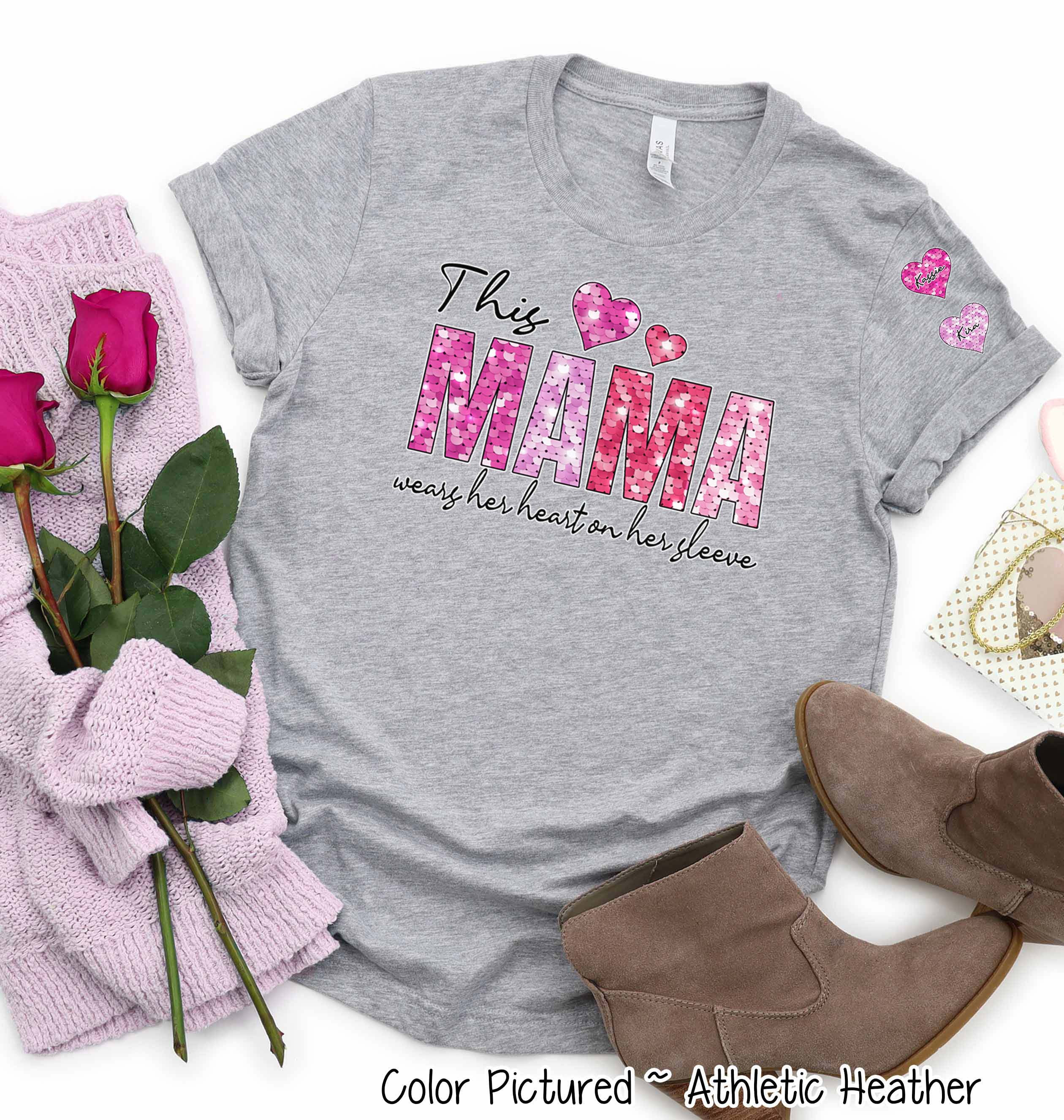 Personalized Grandma, Mama, Nana, or Mimi Wearing Heart on My Sleeve with Kids Names Valentine Tee or Sweatshirt
