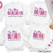 Personalized Grandma, Mama, Nana, or Mimi Wearing Heart on My Sleeve with Kids Names Valentine Tee or Sweatshirt