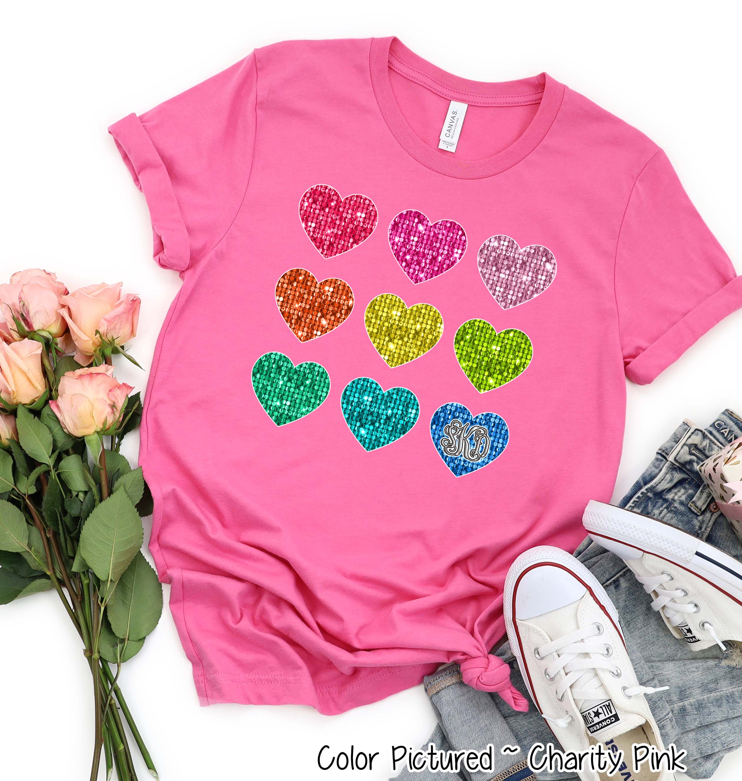 Monogram Faux Sequin Hearts Valentine Tee or Sweatshirt