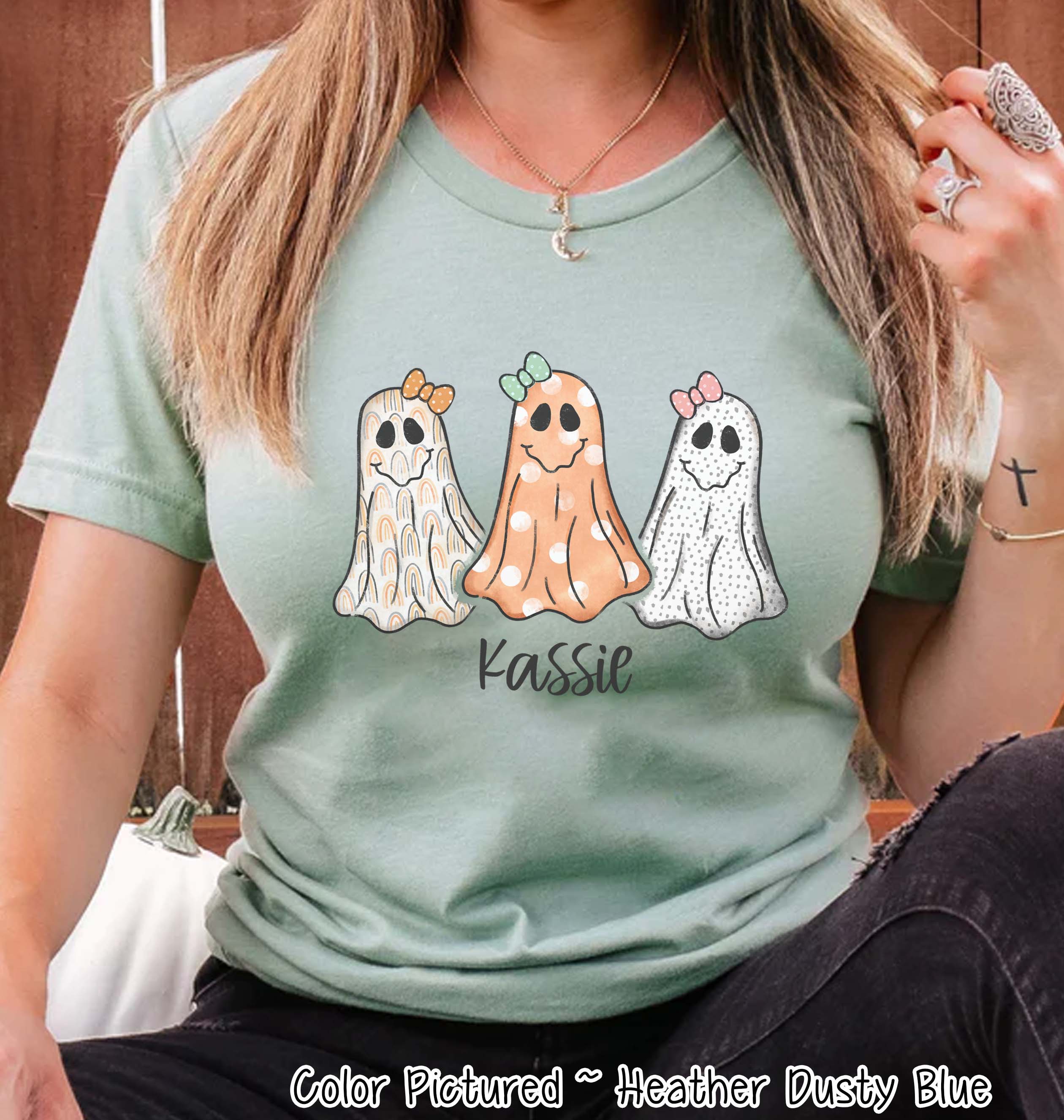 Personalized Bow Ghost Trio with Custom Name Halloween Tee