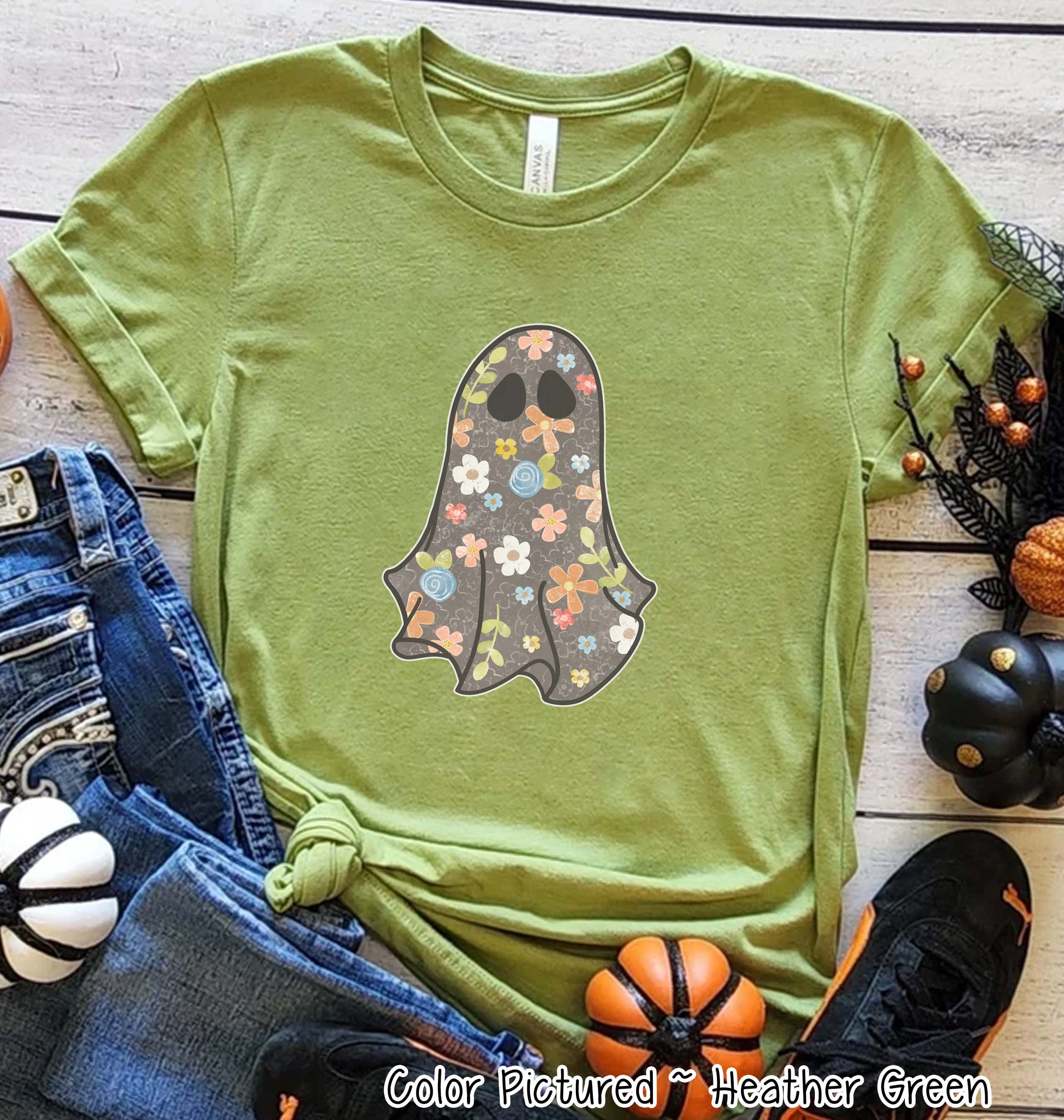 Boho Floral Ghost Grey Halloween Tee