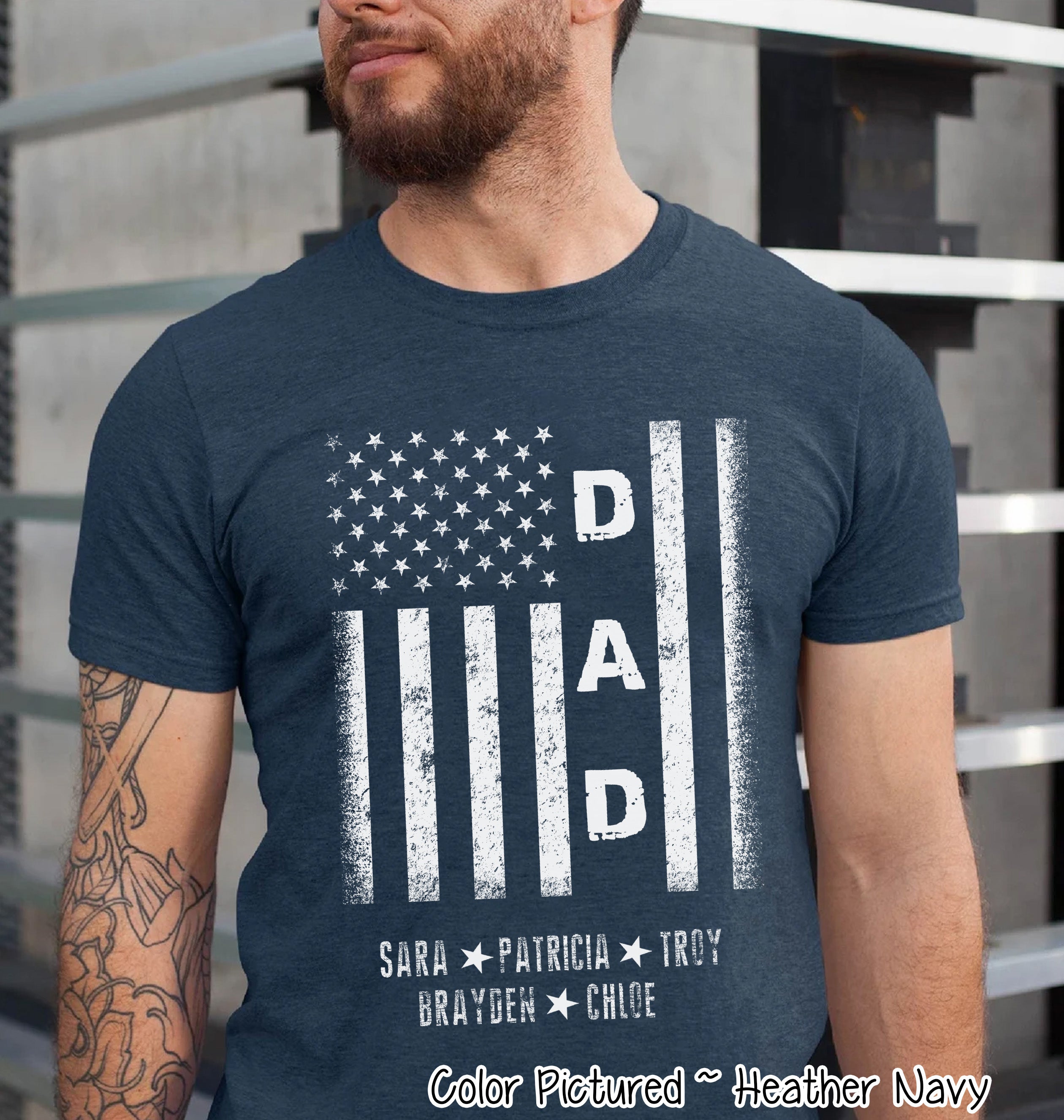 Custom Distressed White Patriotic Flag with Dad, Mom, Grandpa Etc and Kids Names Tee