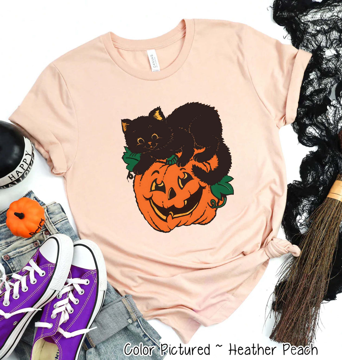 Retro Black Cat Pumpkin Halloween Tee