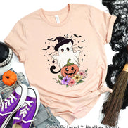 Cute Cat Floral Ghost Halloween Tee