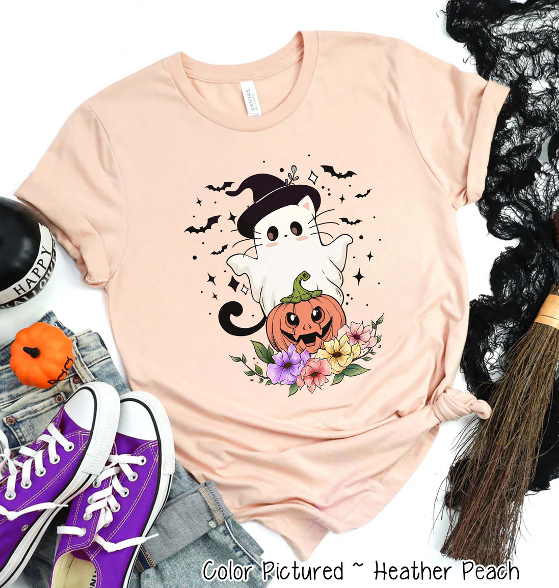 Cute Cat Floral Ghost Halloween Tee