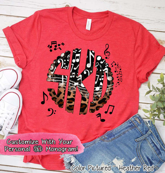 Band Choir Music Notes Leopard Big Monogram Tee