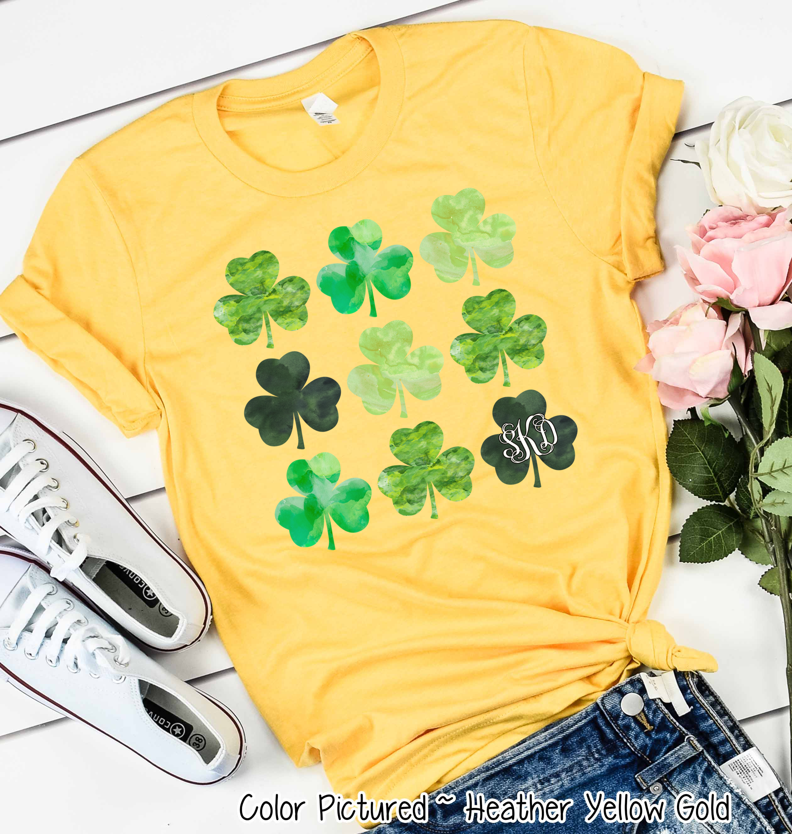 Monogram Watercolor Shamrocks St Patricks Day Tee