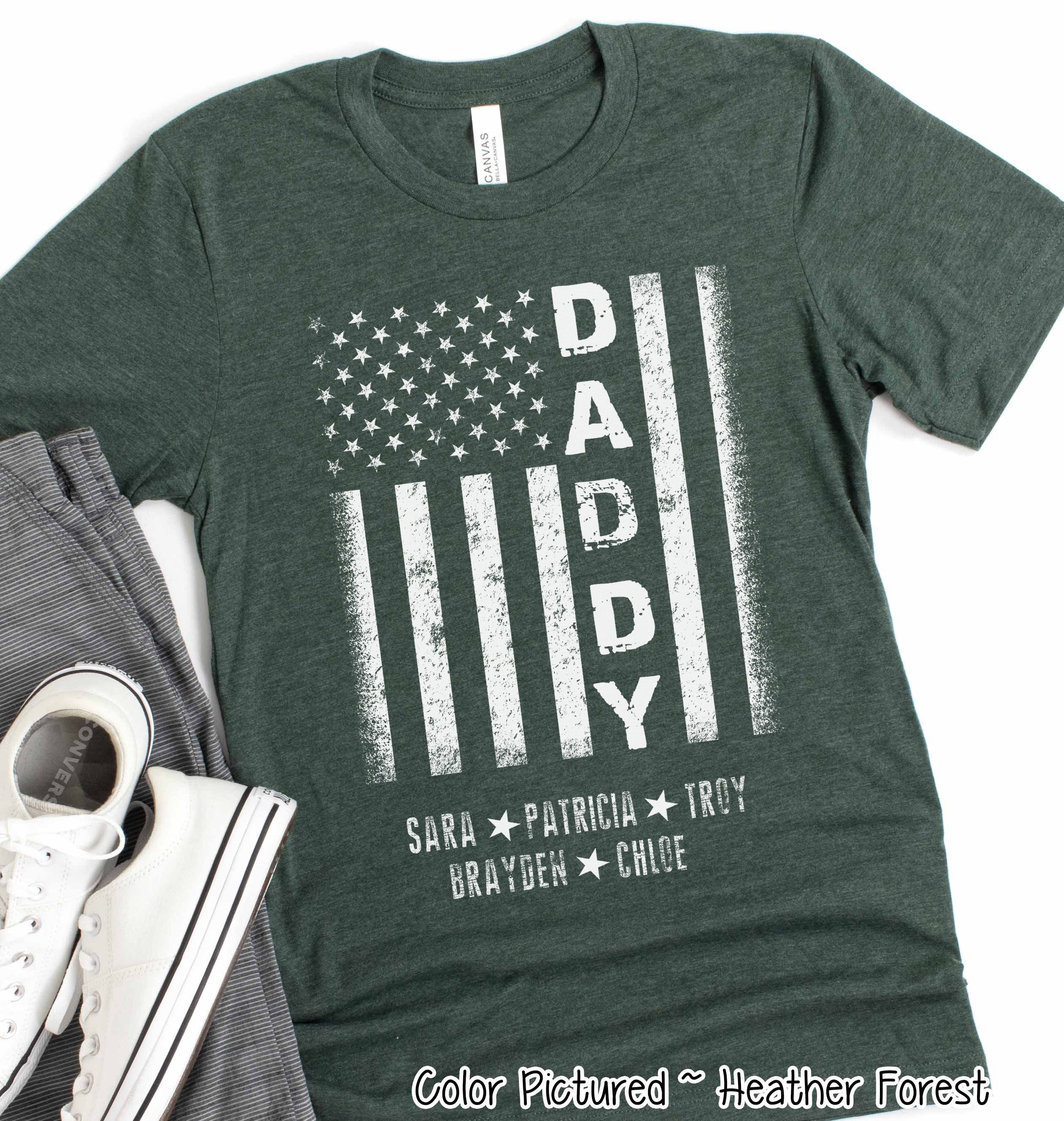 Custom Distressed White Patriotic Flag with Dad, Mom, Grandpa Etc and Kids Names Tee