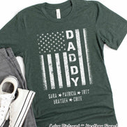 Custom Distressed White Patriotic Flag with Dad, Mom, Grandpa Etc and Kids Names Tee