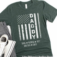 Custom Distressed White Patriotic Flag with Dad, Mom, Grandpa Etc and Kids Names Tee