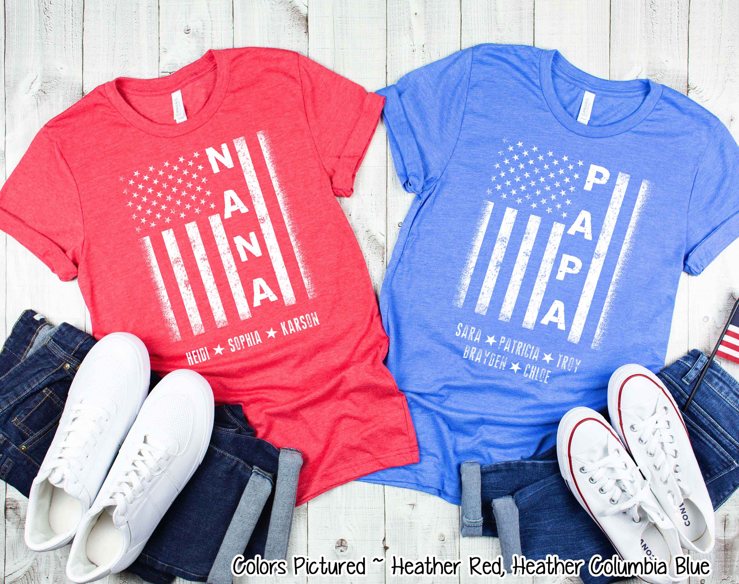 Custom Distressed White Patriotic Flag with Dad, Mom, Grandpa Etc and Kids Names Tee