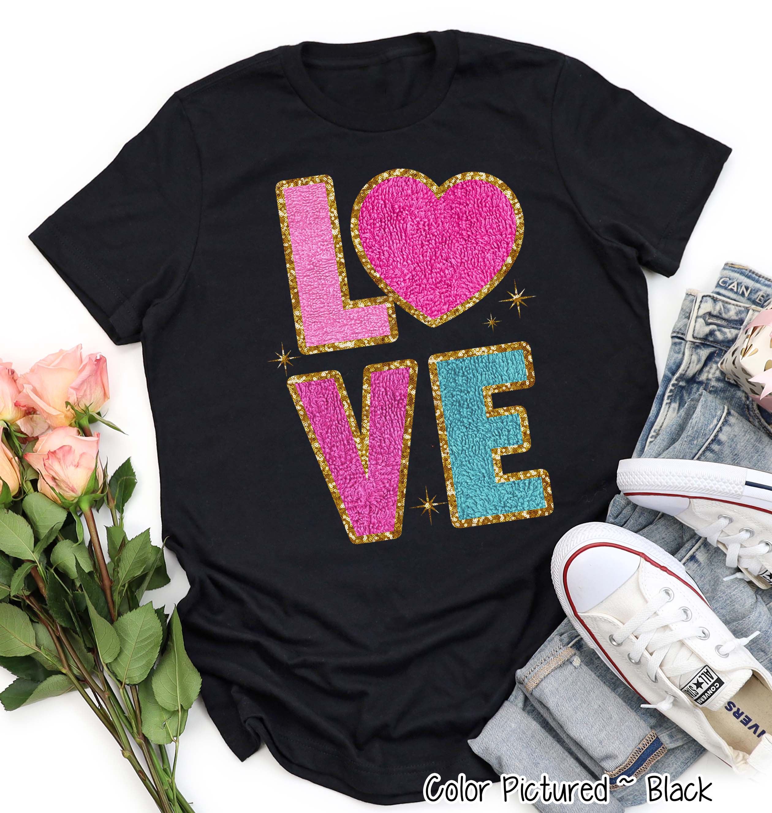 Faux Chenille Patch LOVE Valentine Tee or Sweatshirt