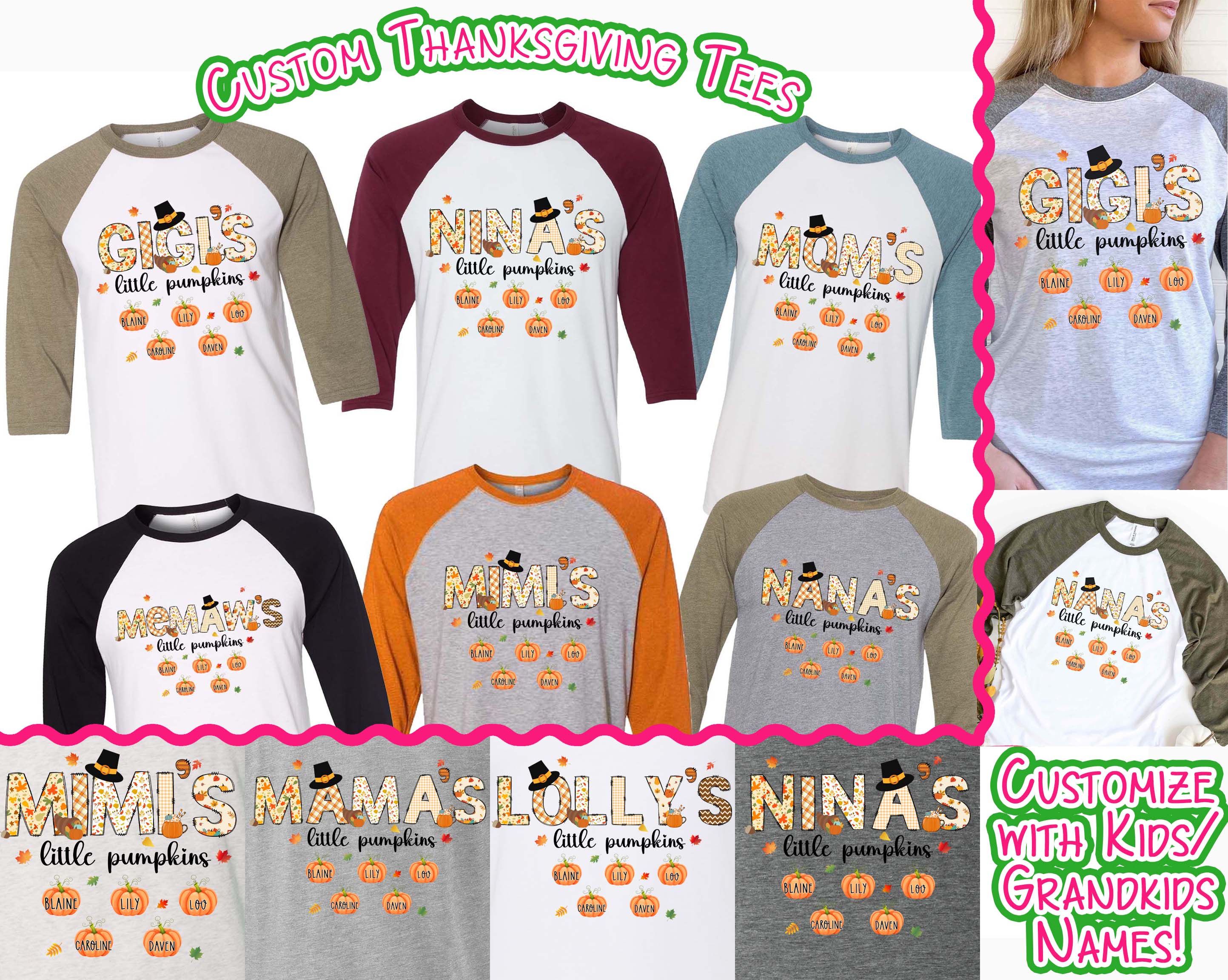 Little Pumpkin Grandkids Names Fall Thanksgiving Raglan Tee