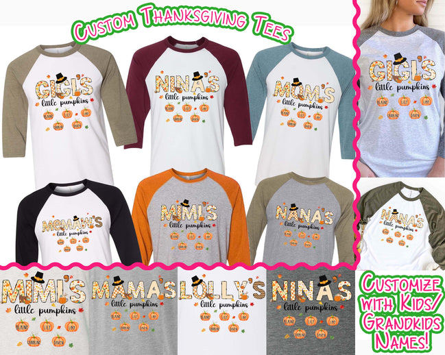 Little Pumpkin Grandkids Names Fall Thanksgiving Raglan Tee